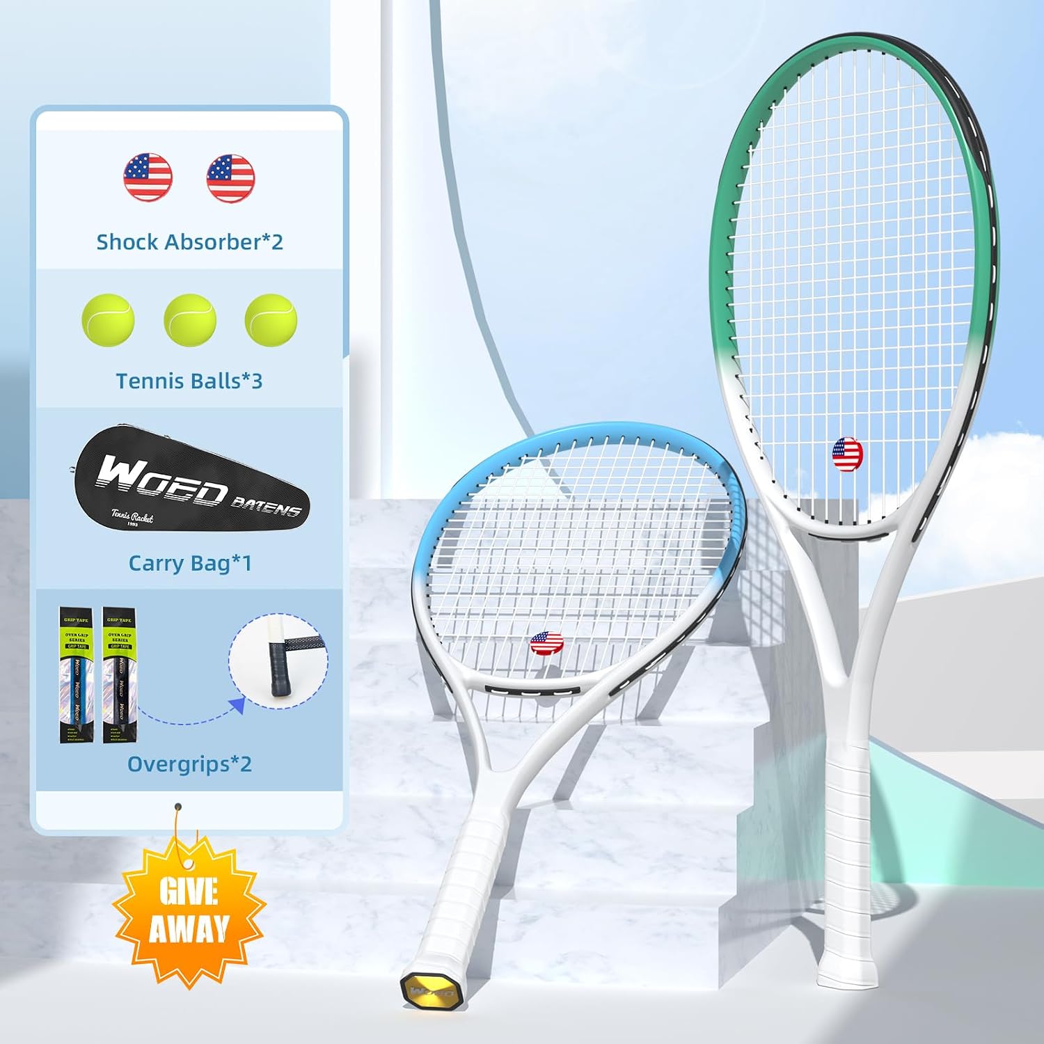 Adult 2 Player Tennis Racket Perfect for Beginner and Professional Players, 27” Speed Tennis Racquet Include Tennis Balls, Overgrips, Tennis Bag, Vibration Dampe, Cover - Image 3