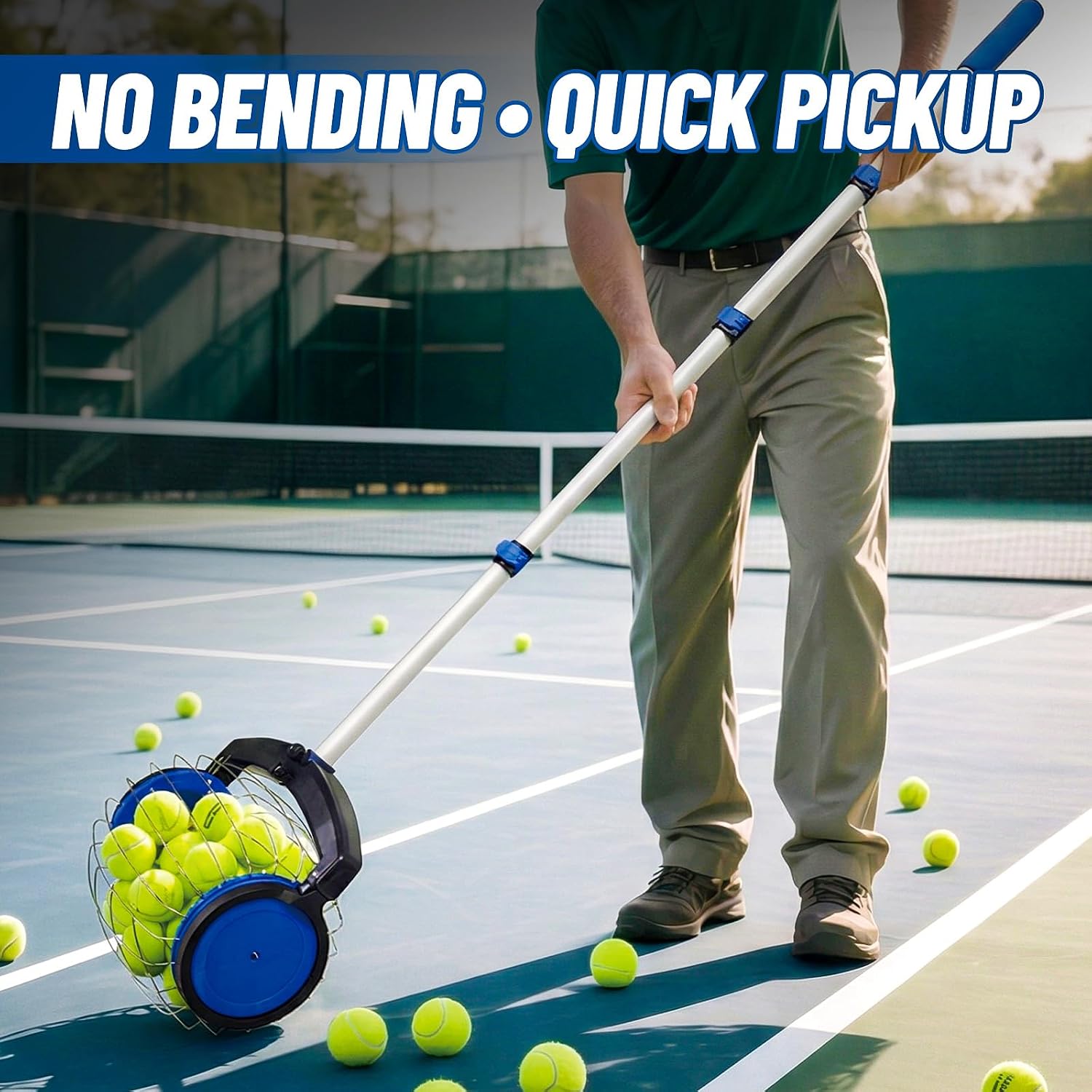 zozen Tennis Ball Picker with Storage Bag, No Bending Quick Pickup Roller, Adjustable Telescopic Handle, Holds Up to 28 Tennis Balls, Portable Collector for Tennis/Pickleball/Baseball/Lacrosse Ball - Image 3