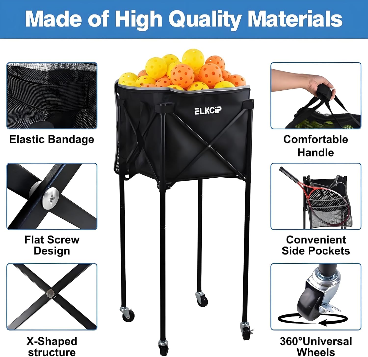Portable Pickleball & Tennis Ball Hopper with Wheels, Foldable Sports Balls Teaching Cart, Lightweight Softball Caddy, Large Capacity Baseball Basket Carrier for Training - Image 3