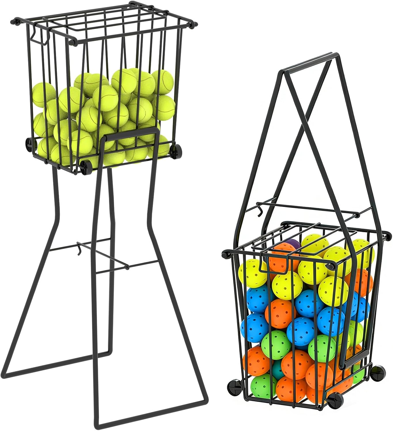 Tennis & Pickleball Hopper with Wheels – Ball Pick Up Basket, Pickleball Ball Retriever Ball Holder Storage Holds 75 Tennis Balls & 50 Pickleballs