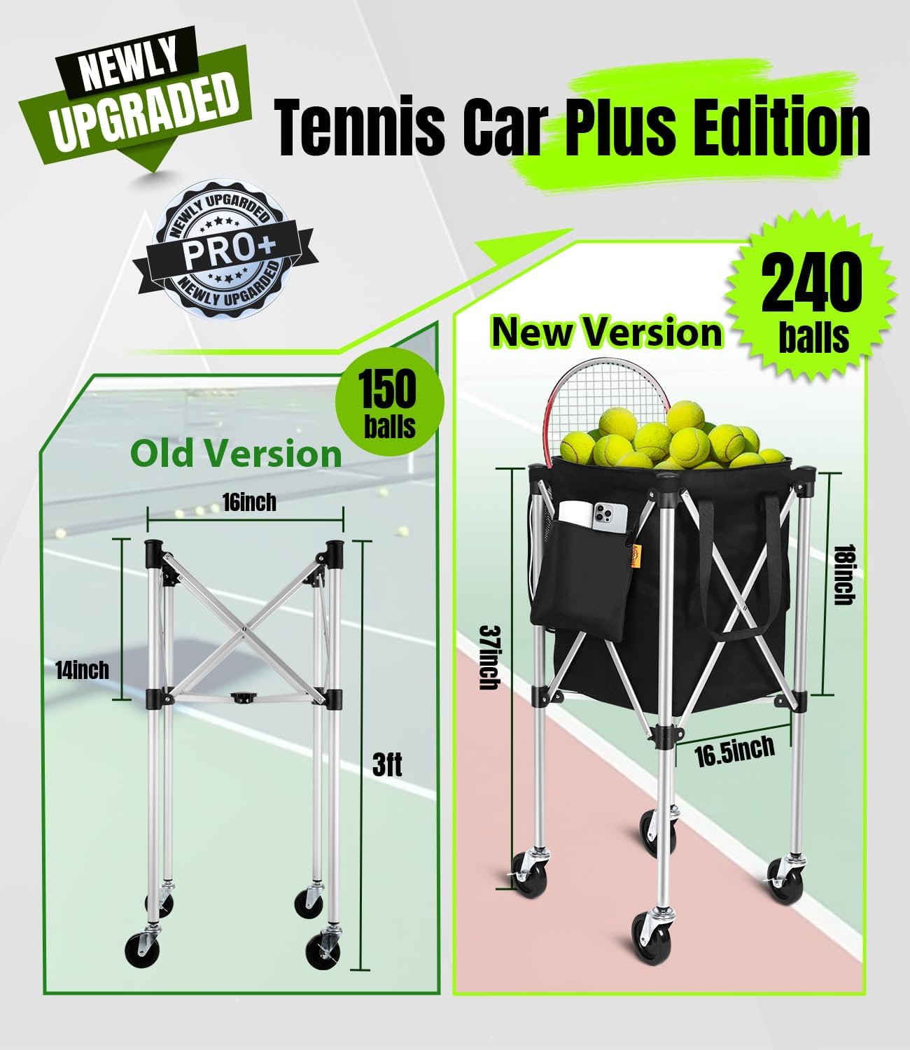 Angooni Professional Tennis Cart with Silent PU Wheels - 2 Capacity Choices (150/240 Balls) - Sturdy, Lightweight & Portable Storage for Practice and Matches - Image 2