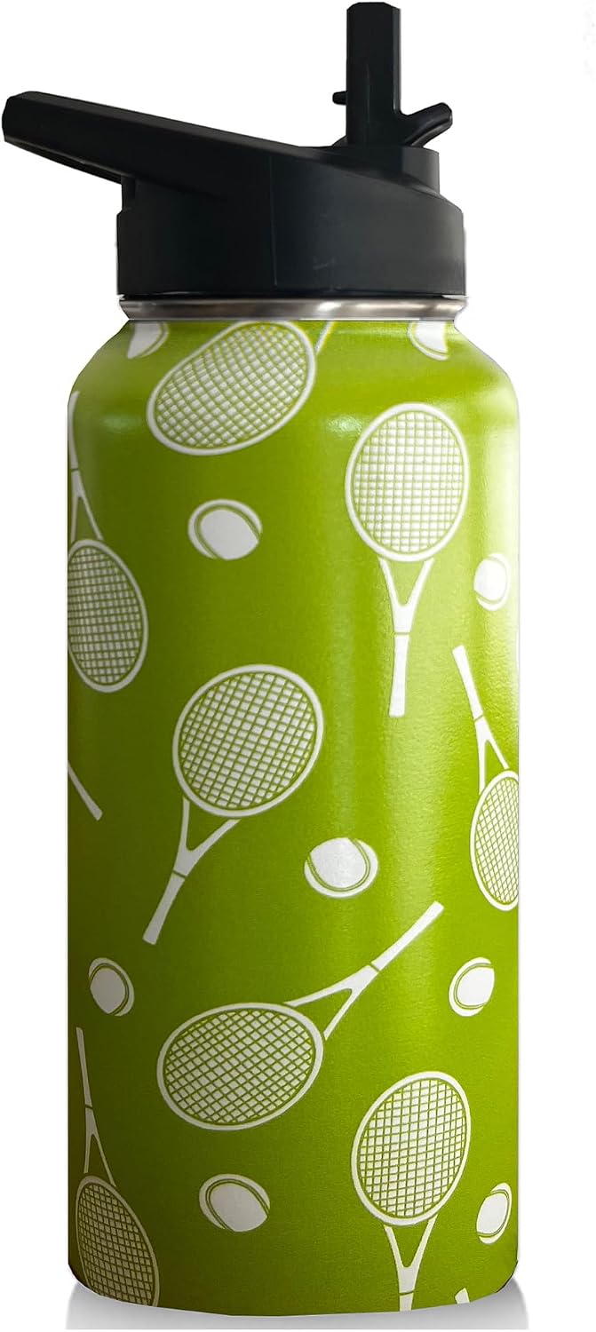 32oz Tennis Water Bottle Insulated Vacuum Stainless Steel Tumbler Travel Mugs With Straw for Sport Game,Tennis Accessories