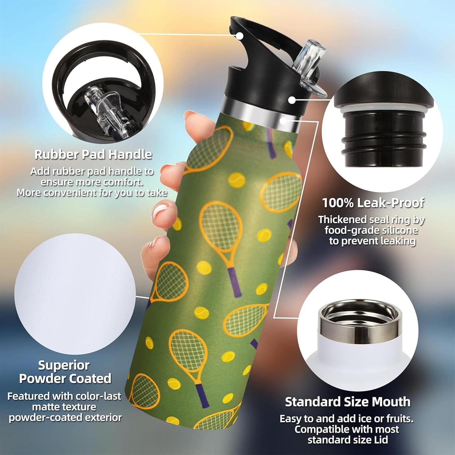 Tennis Gifts,Tennis Water Bottle with Straw Lid Insulated Stainless Steel Travel Mugs for Sport Gym Outdoor 20oz - Image 2