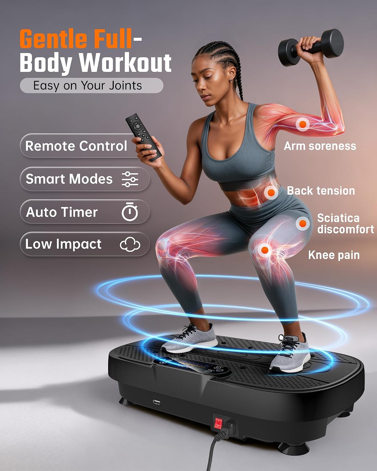Renoj Vibration Plate Exercise Machine, 3D Whole Body Vibration Platform for Lymphatic Drainage and Muscle Recovery, 455-lb Capacity Fitness Machine with Bluetooth Speaker and LED Display for Home Gym - Image 5