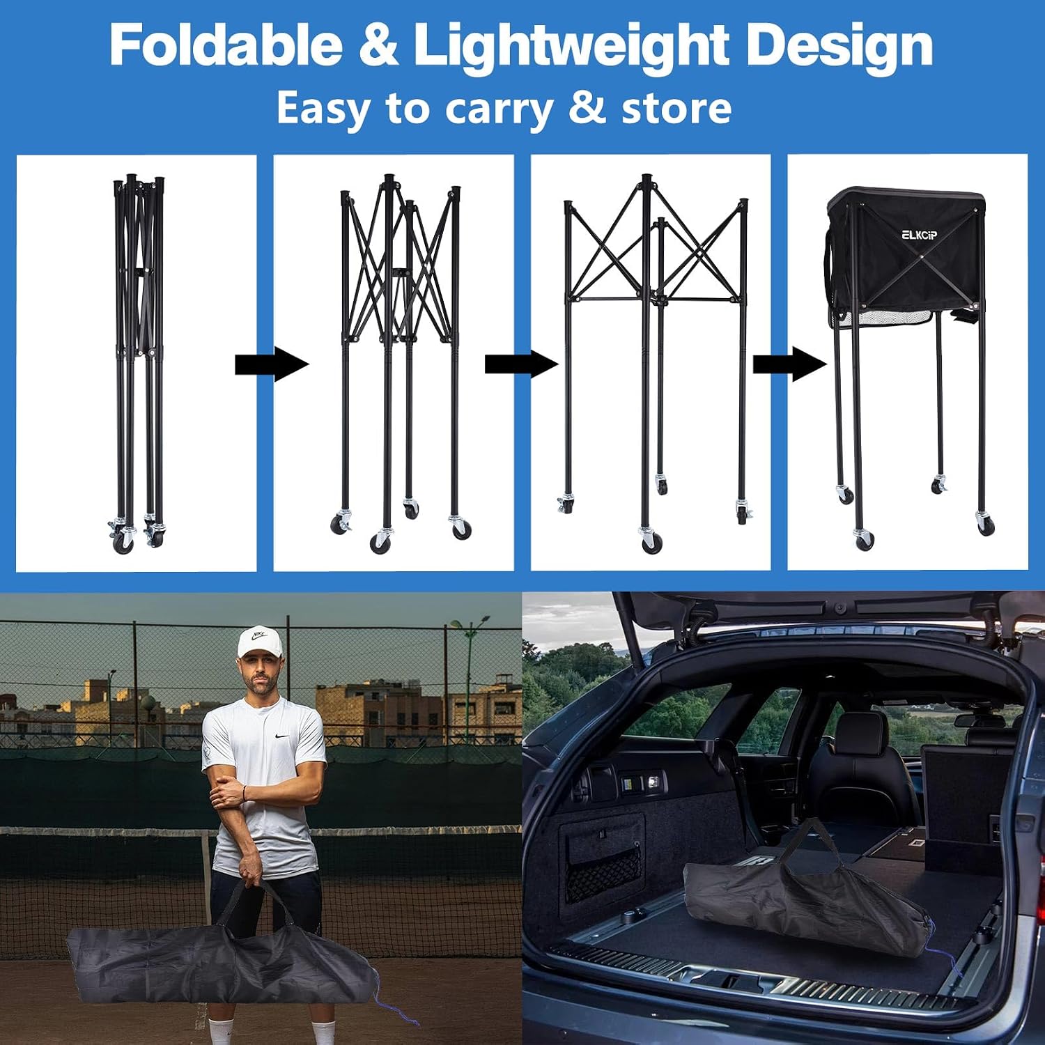 Portable Pickleball & Tennis Ball Hopper with Wheels, Foldable Sports Balls Teaching Cart, Lightweight Softball Caddy, Large Capacity Baseball Basket Carrier for Training - Image 5