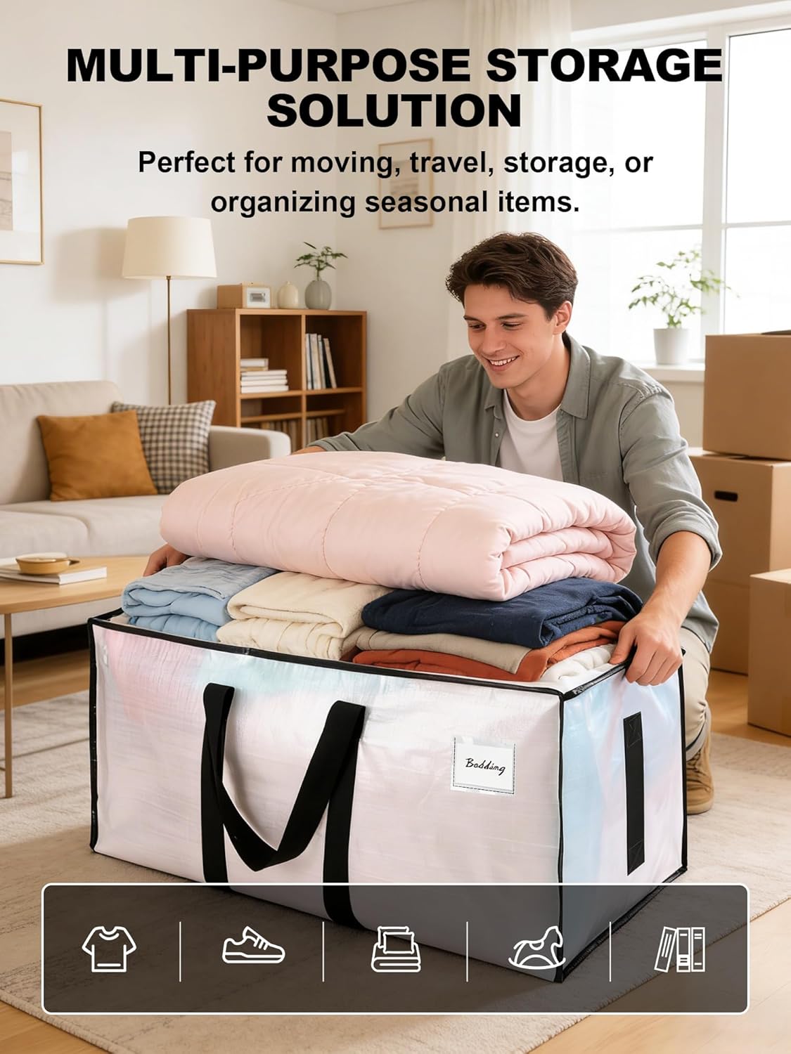 HOMESURE Supports 200lbs Heavy Duty Moving Bags - Strong Zipper & Wrap-Around Handles - Water-Resistant Storage Totes, Durable Alternative to Moving Boxes - 8 Pack - Semi-Transparent - Image 4