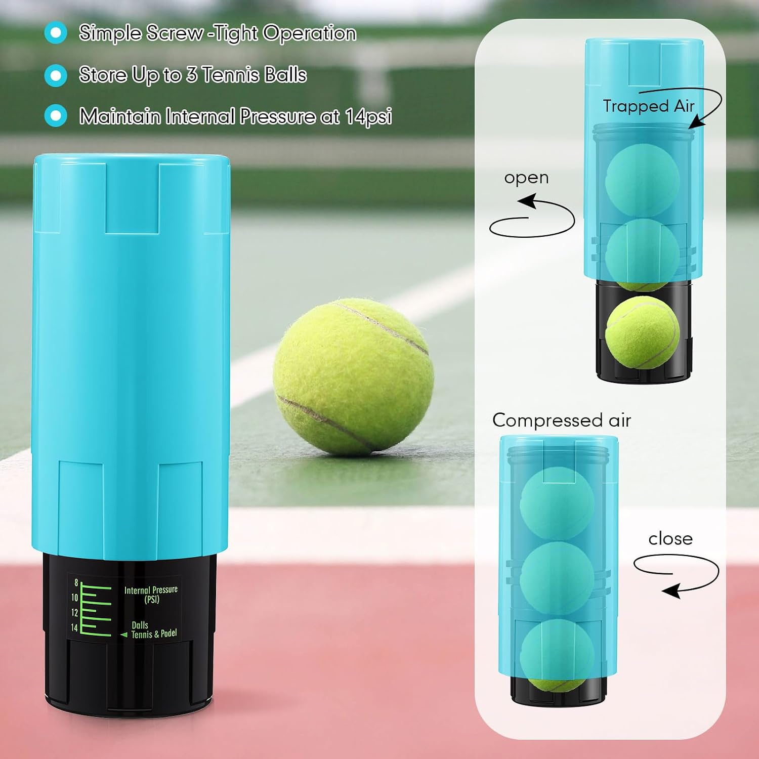 Soulchen Tennis Ball Pressurizer - Tennis Ball Storage Canister Holds 3 Balls Under 14 Psi Pressure, Reusable Stuff for Bounce Retention, Lightweight & Durable - Image 4