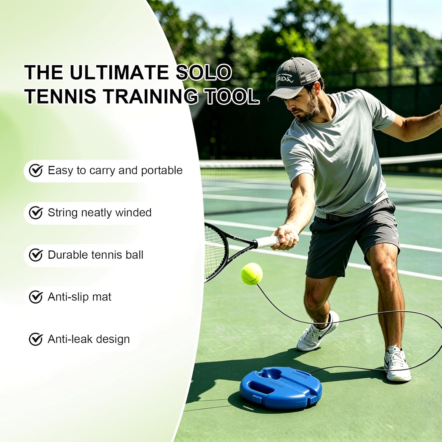 Tennis Rebounder Trainer, Portable Self Practice Tennis Training Equipment with Stable Base, String Attached Rebound Ball for Backyard Indoor Outdoor Solo Training - Image 2