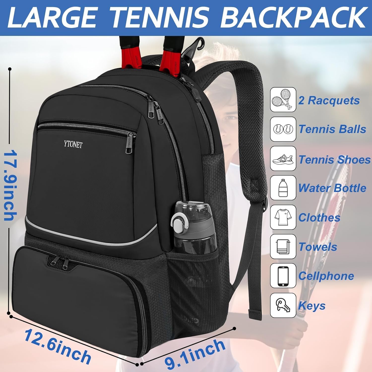 Ytonet Tennis Bag Tennis Backpack for Women Men 2 Rackets with Insulated Pocket Ventilated Shoe Compartment - Image 3