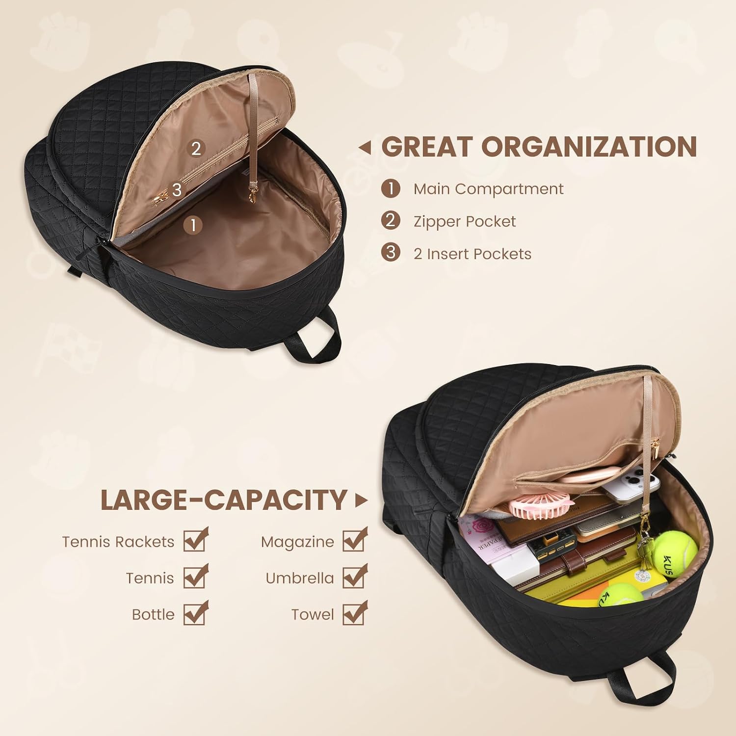 Sucipi Tennis Bags for Women, Quilted Tennis Racket Bag Backpack for Tennis Racquet, Pickleball Paddles, Badminton - Image 4