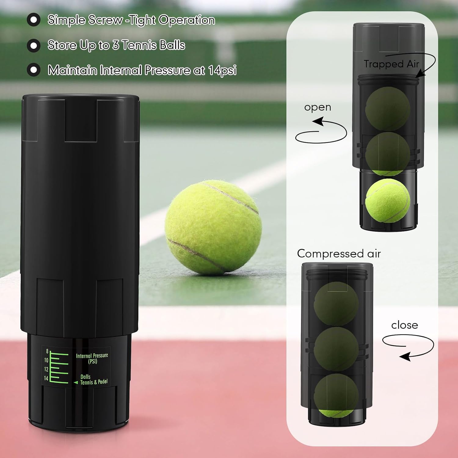 Soulchen Tennis Ball Pressurizer - Tennis Ball Storage Canister Holds 3 Balls Under 14 Psi Pressure, Reusable Stuff for Bounce Retention, Lightweight & Durable - Image 4