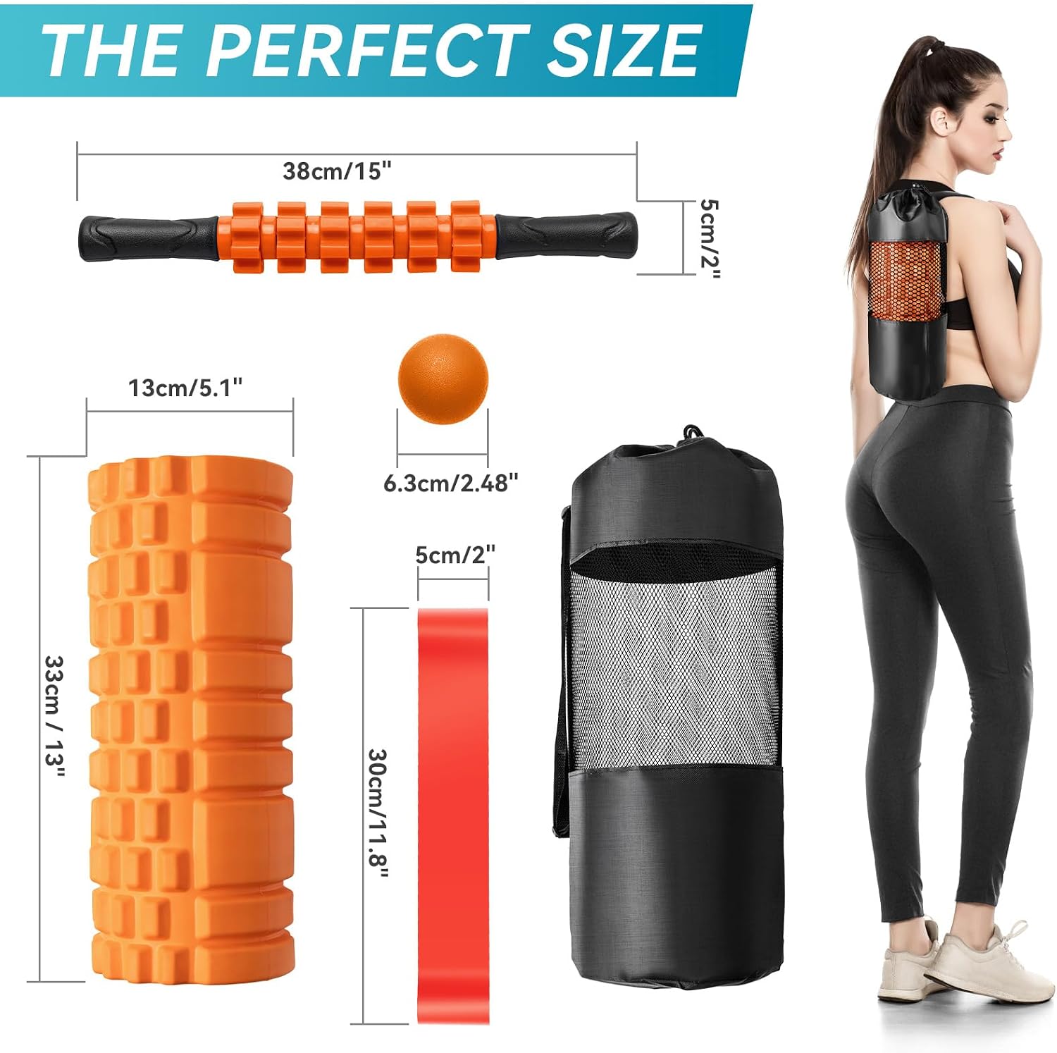 Krightlink 5 in 1 Foam Roller Set for Deep Tissue Muscle Massage, Trigger Point Fitness Exercise Foam Roller, Massage Roller, Massage Ball, Stretching Strap, for Whole Body (Orange Black) - Image 7