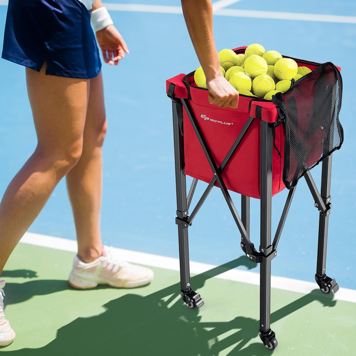 Goplus Foldable Tennis Ball Hoppers, Lightweight Aluminum Tennis Ball Basket with Wheels, Removable Bag, Side Pockets, Carry Bag, Portable Sports Teaching Cart Holds 150 Tennis Balls (Red) - Image 9