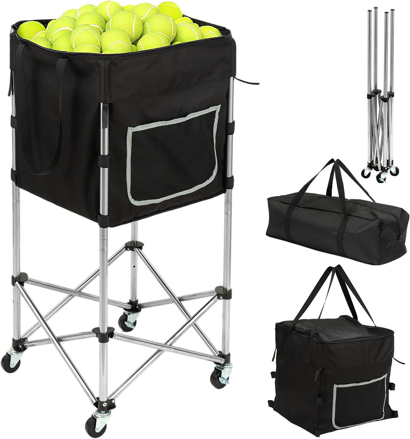 Tennis Ball Cart with Wheels & Brake (180 Capacity) – Heavy Duty Stainless Steel Frame with Detachable Washable Bag – Foldable Travel Hopper for Tennis & Pickleball, Portable Carrier