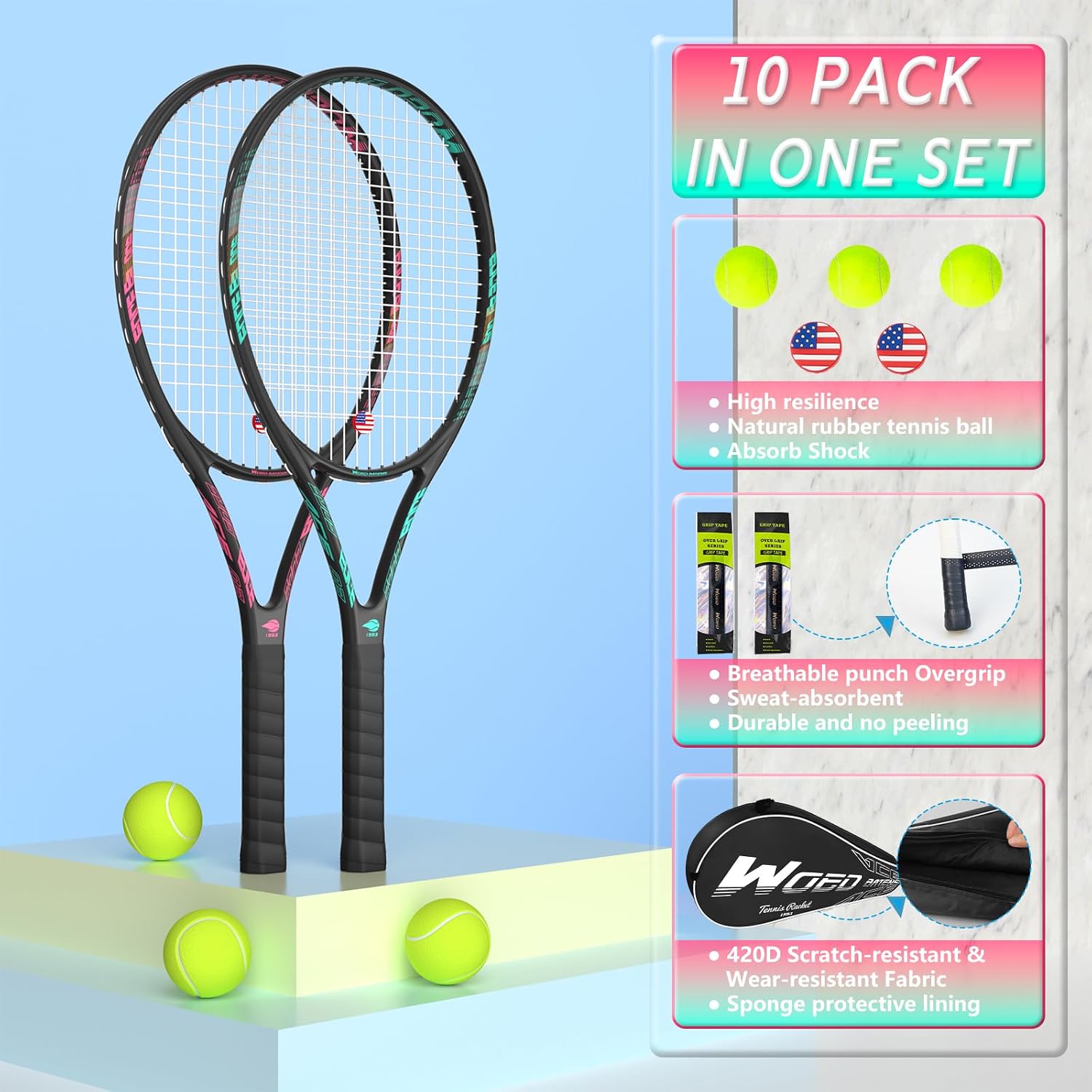 Pro Tennis Racket for Adults, 2 Player 27 inch Speed Tennis Racquet Acceptable for Beginner and Professional with 3 Tennis Balls, 2 Vibration Dampes, 2 Overgrips, Tennis Bag - Image 5
