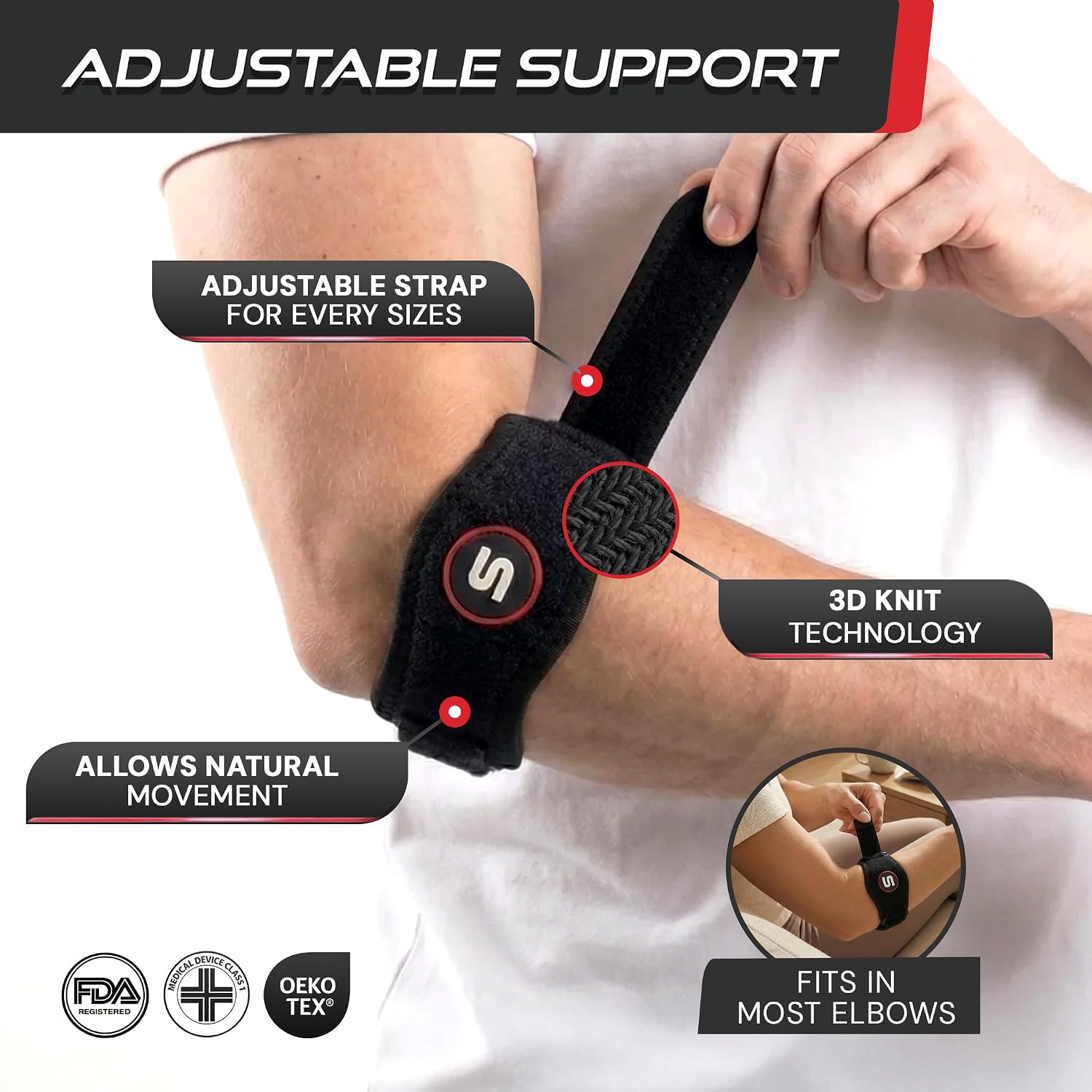 Sleeve Stars Tennis Elbow Brace for Men & Women, Elbow Brace for Tendonitis, Tennis Elbow Strap, Golfers Elbow Brace, Elbow Support Wrap for Tennis Elbow Relief, Fits 9"-23" (Single/Black) - Image 3
