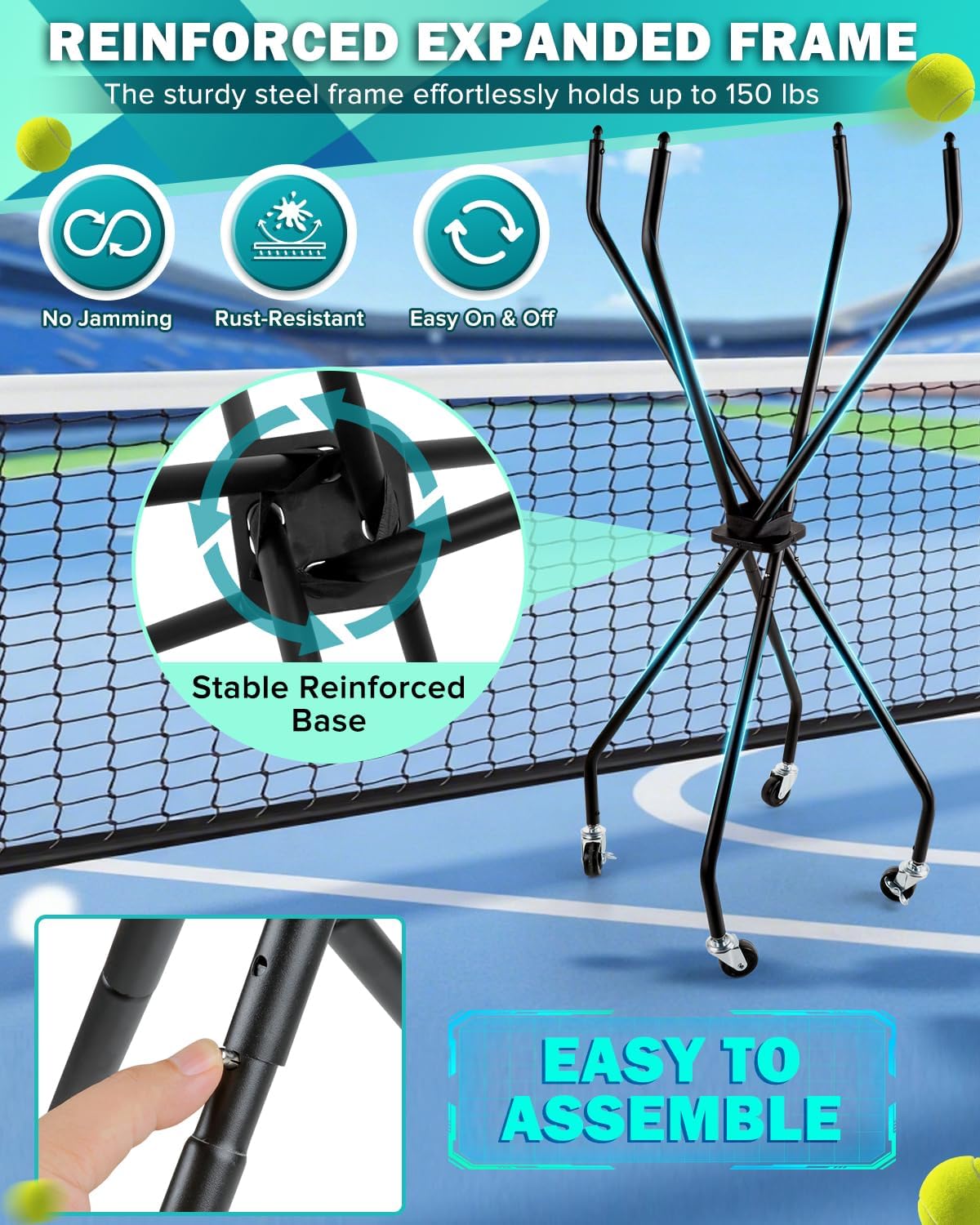 Angooni Professional Tennis Cart with Silent PU Wheels - 2 Capacity Choices (150/240 Balls) - Sturdy, Lightweight & Portable Storage for Practice and Matches - Image 5