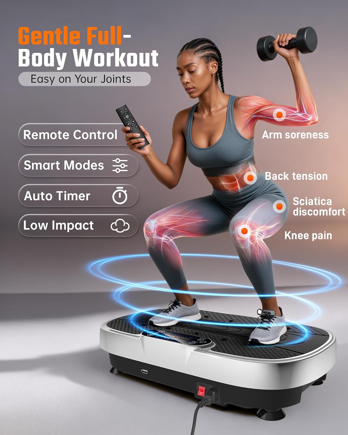 Renoj Vibration Plate Exercise Machine, 3D Whole Body Vibration Platform for Lymphatic Drainage and Muscle Recovery, 455-lb Capacity Fitness Machine with Bluetooth Speaker and LED Display for Home Gym - Image 5
