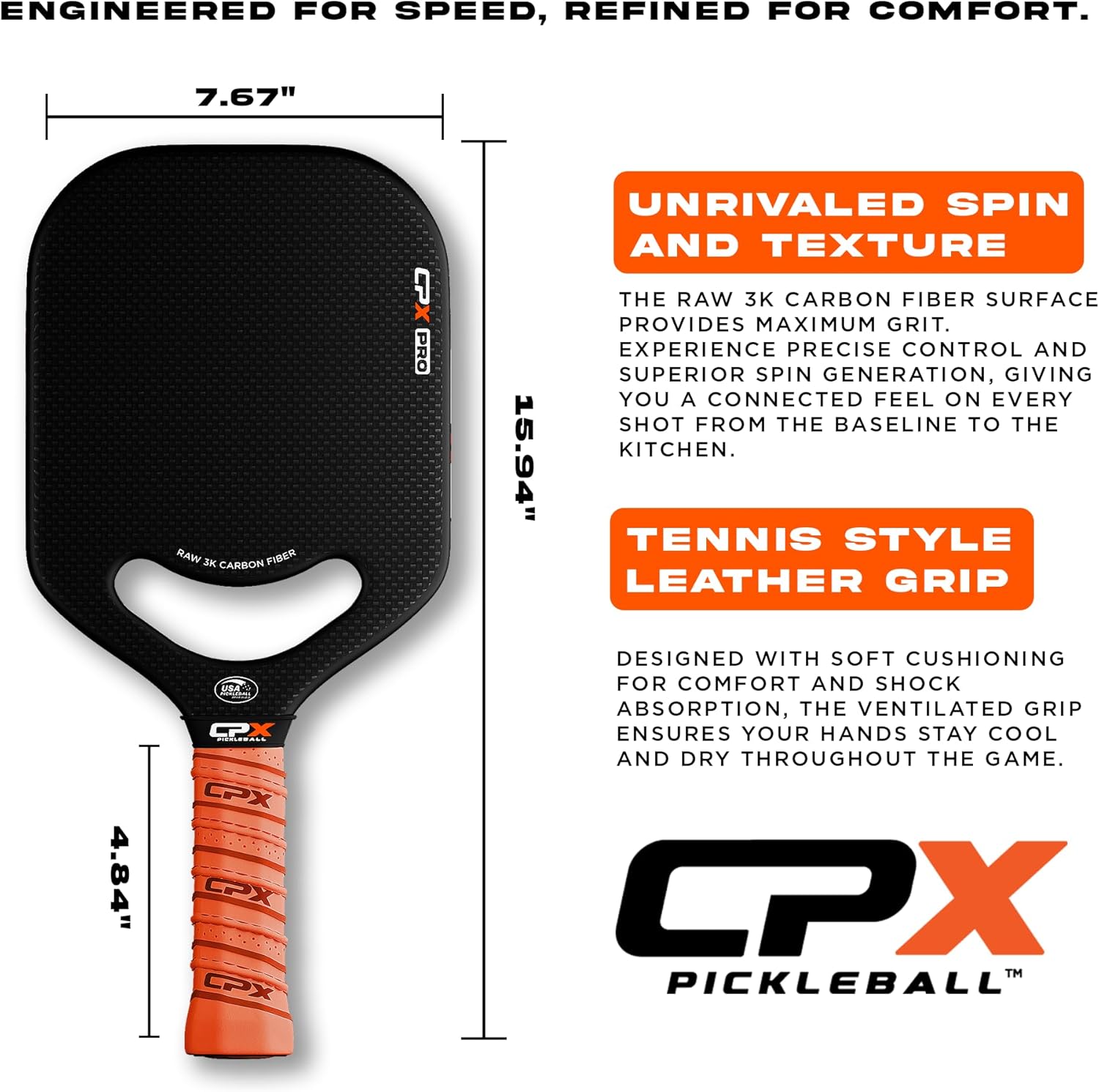 CPX Pro Carbon Fiber Pickleball Paddle - Professional Grade, Matte Finish, Honeycomb Core, Tennis Style Grip - Edgeless Paddle Designed in Chicago, USA - Image 4