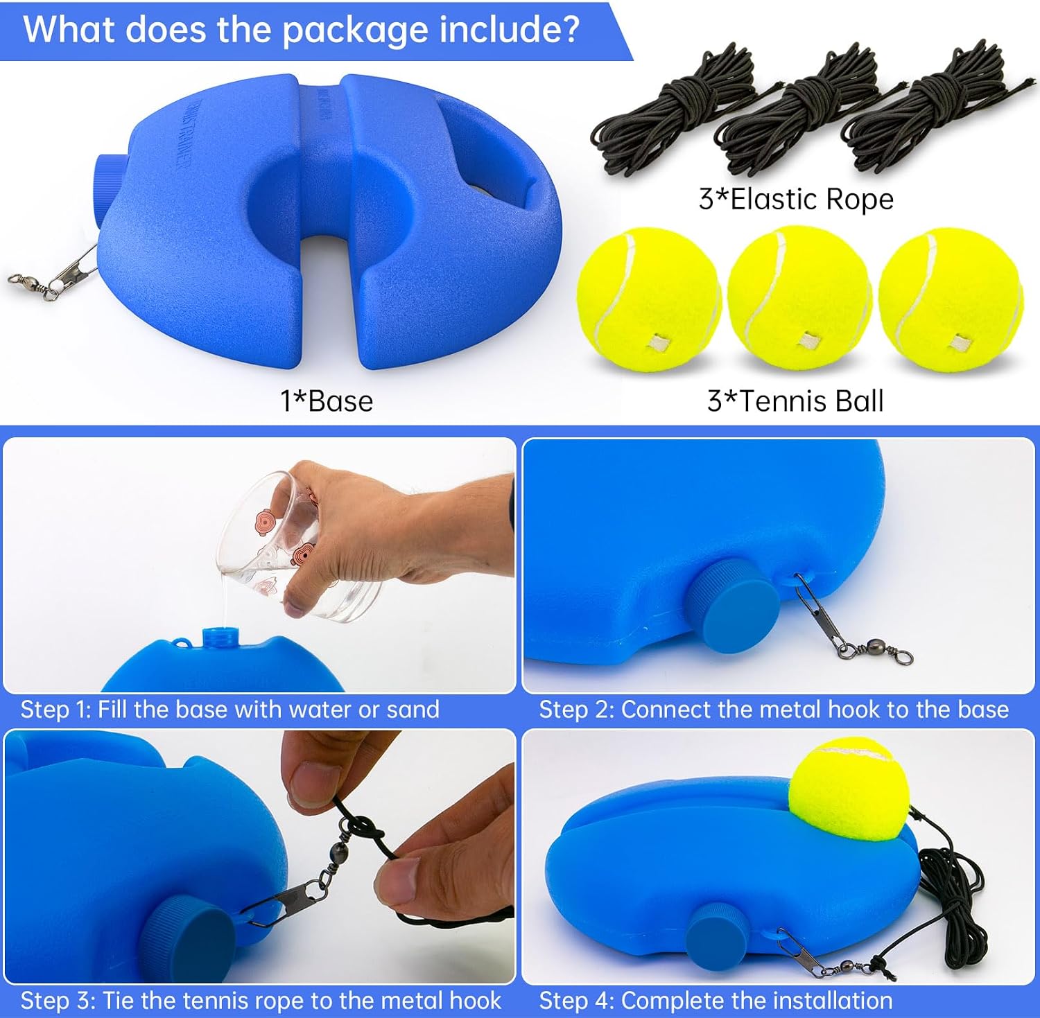 Tennis Trainer Rebound Ball with 3 String Balls, Portable Tennis Training Tool Suitable for Beginners Sport Exercise-Blue - Image 2