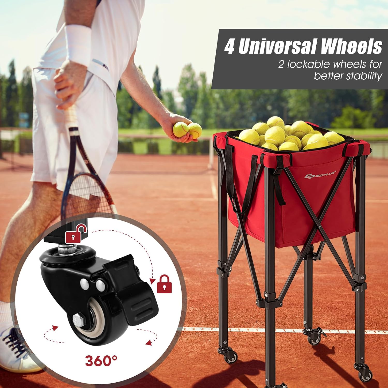 Goplus Foldable Tennis Ball Hoppers, Lightweight Aluminum Tennis Ball Basket with Wheels, Removable Bag, Side Pockets, Carry Bag, Portable Sports Teaching Cart Holds 150 Tennis Balls (Red) - Image 3