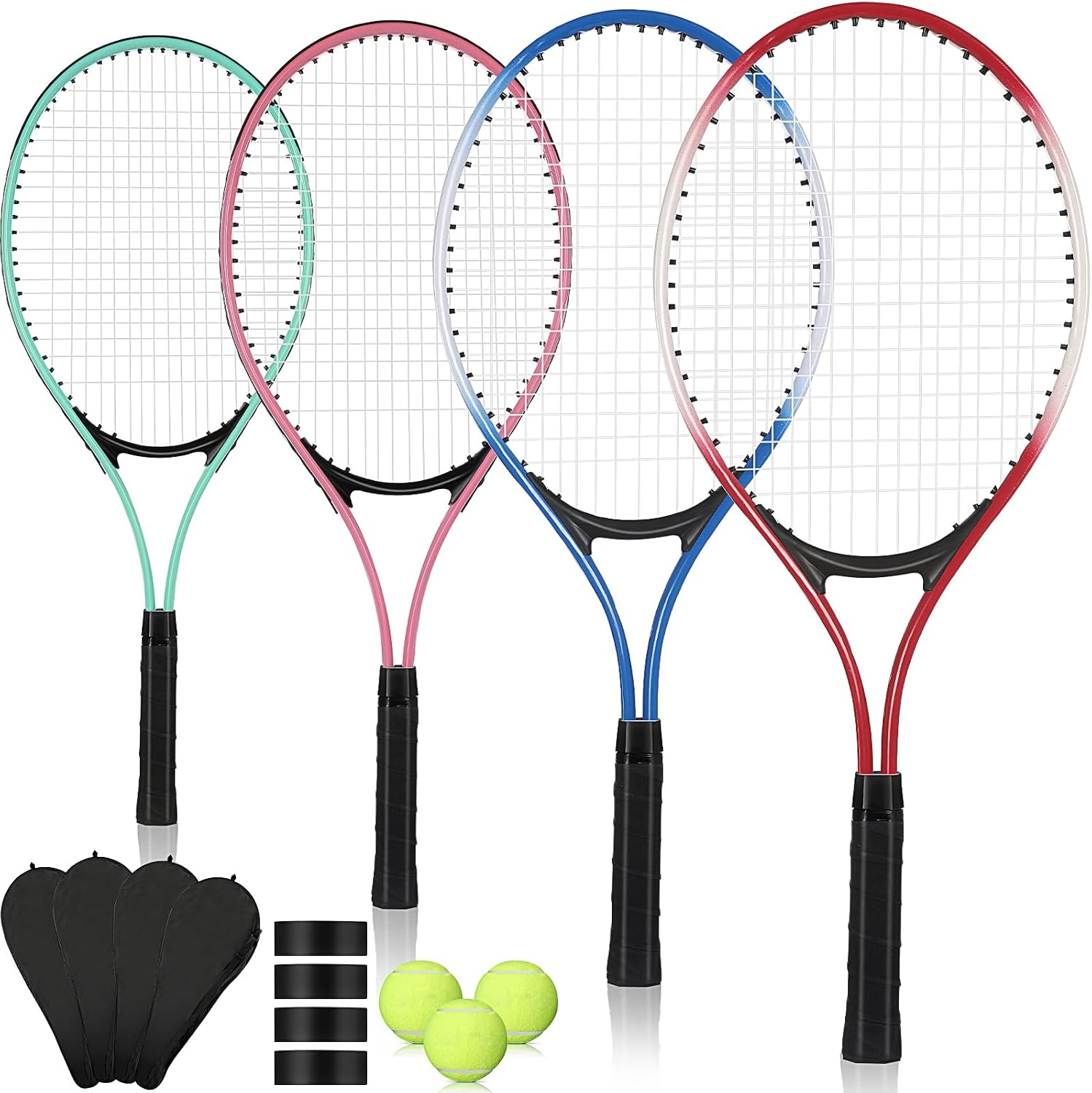 4 Pcs Tennis Rackets for Adult Recreational 4 Players 27" Tennis Racquet Lightweight Tennis Racket with 3 Tennis Balls for Training Beginners with Overgrips Carry Bag