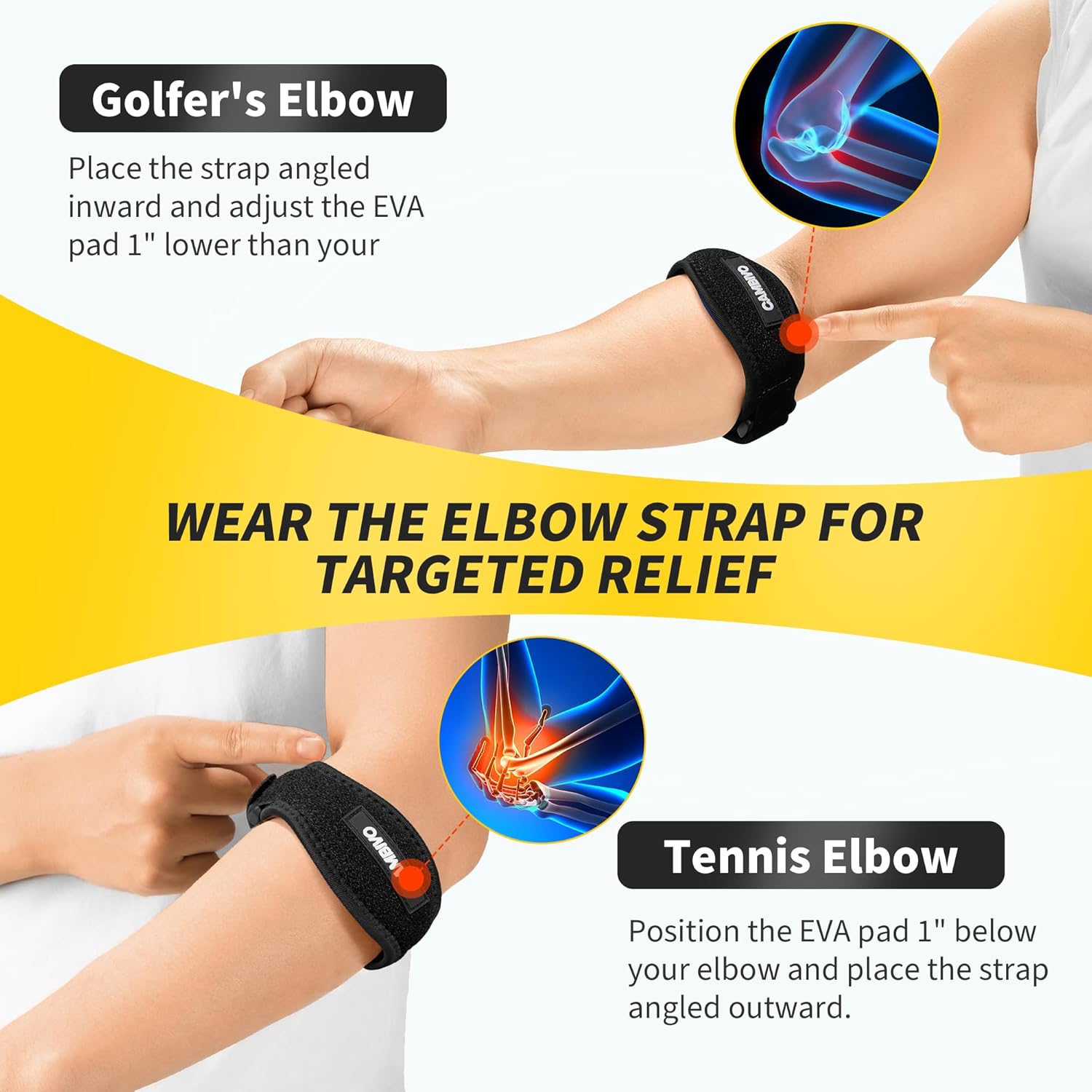 CAMBIVO 2 Pack Tennis Elbow Brace for Men & Women, Elbow Pain Relief for Tendonitis, Tennis & Golfer's Elbow, Adjustable Elbow Strap with Compression Pad (Black) - Image 4