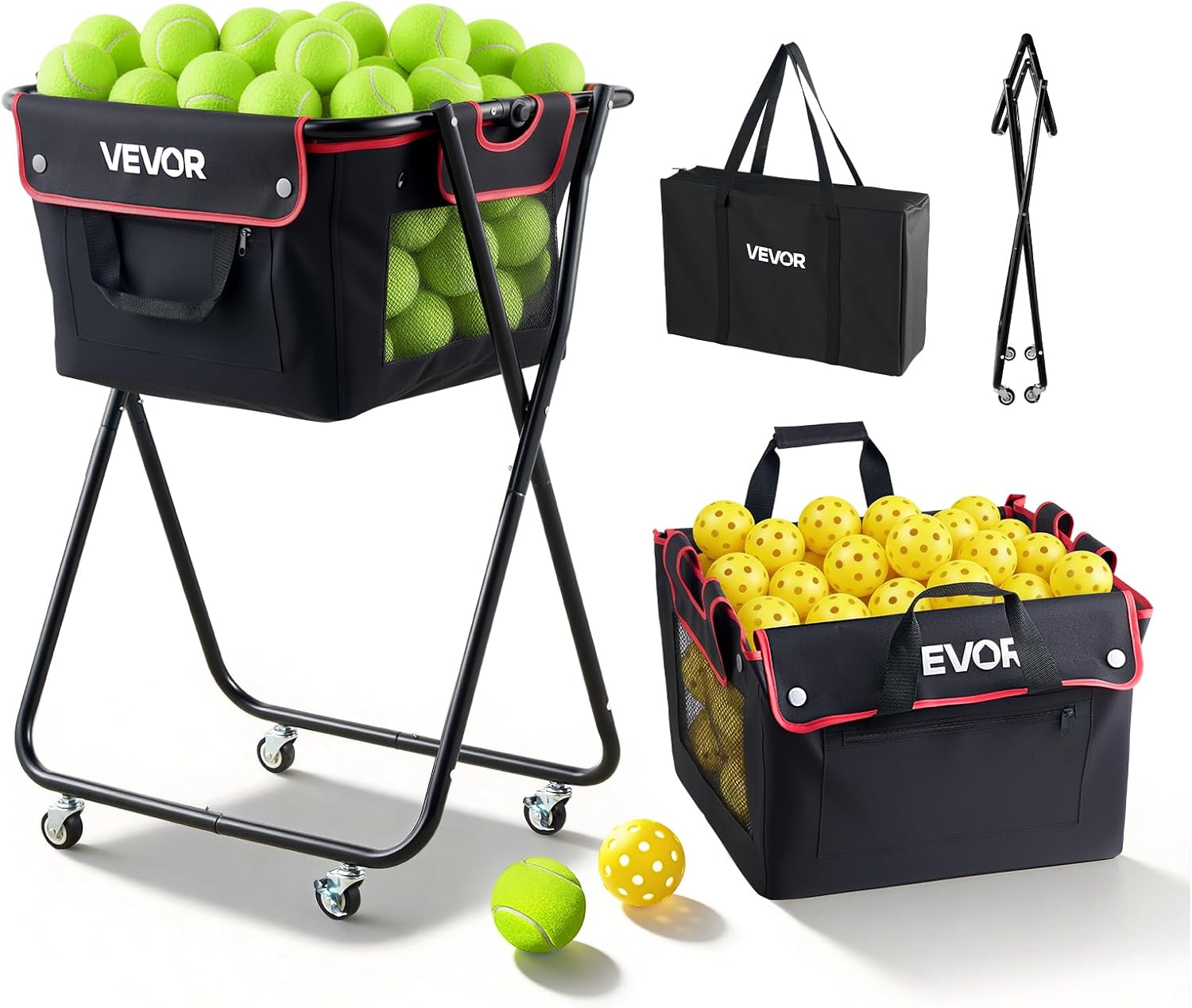 VEVOR Tennis & Pickleball Hopper Holds 200/175/150/120 Balls, 3-in-1 Tennis Foldable Pickleball Basket Cart for Easy Installation, Storage Bag for Tennis Training & Teaching