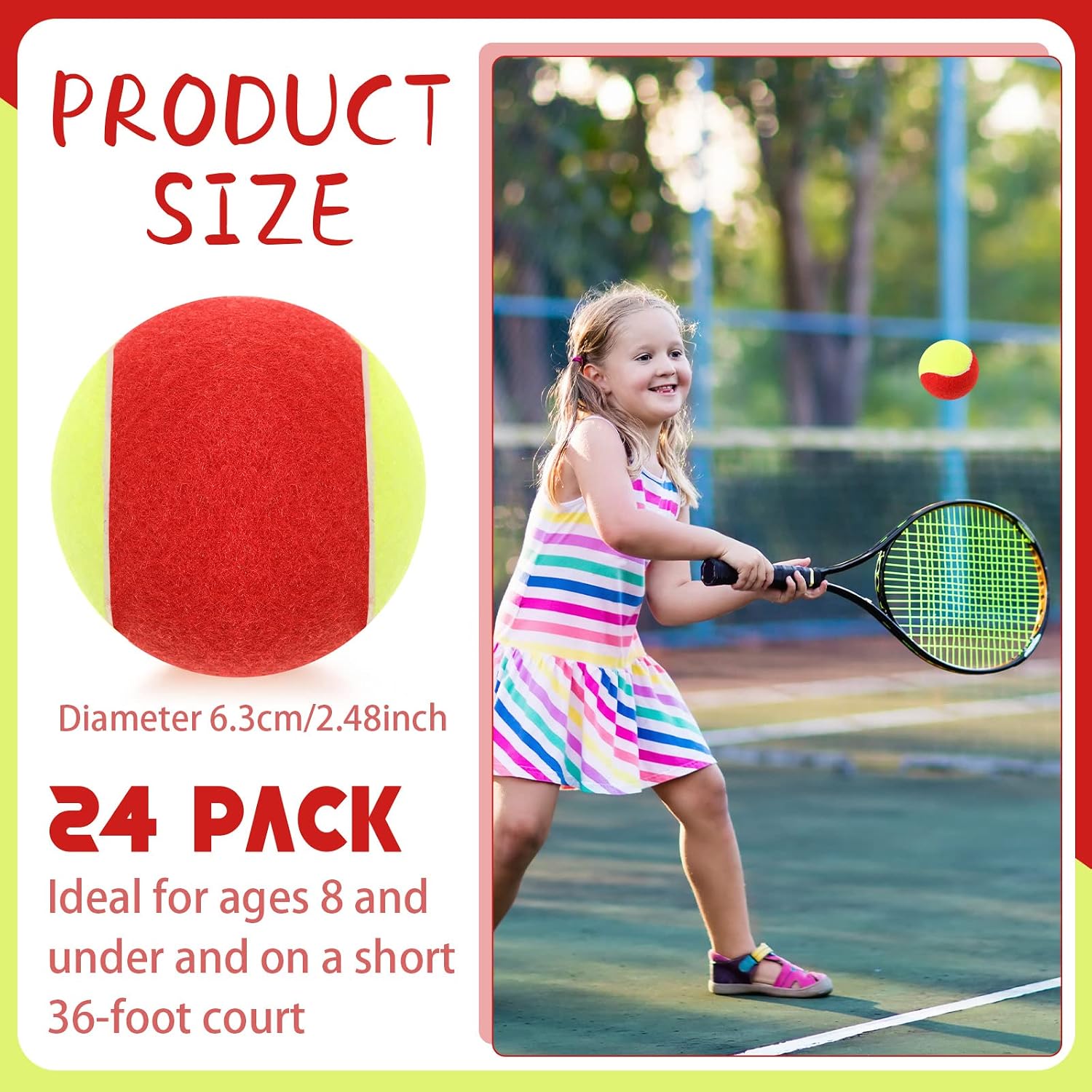 Hanaive 24 Pack Tennis Balls for Kids 75% Low Compression Stage Kids Tennis Ball Bulk for Beginners Ball Machine Training Transition Practicing PET Dog Playing Practice on Short 36 Foot Court - Image 2