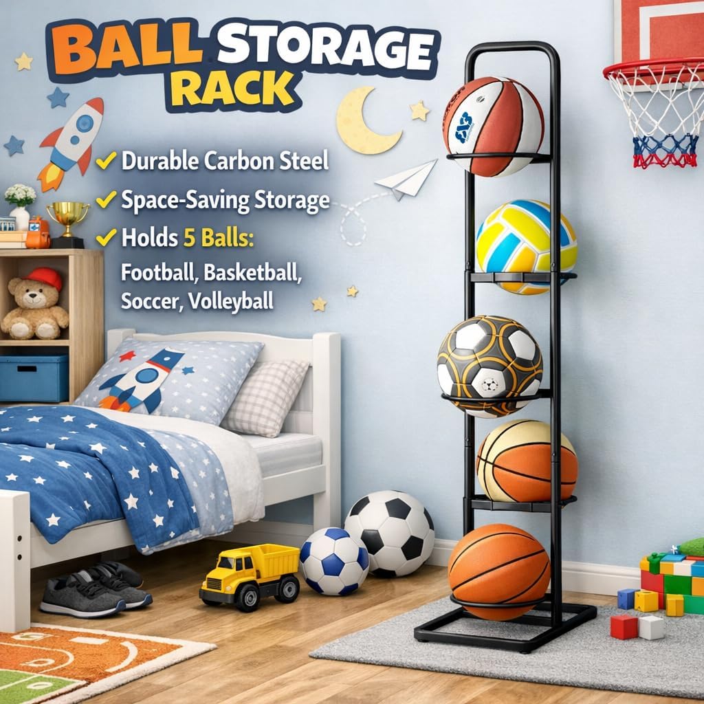 Vertical Ball Storage Rack - Adjustable 5-Tier Sports Organizer Stand for Basketball, Soccer, Volleyball and More(56.7inches) - Image 8