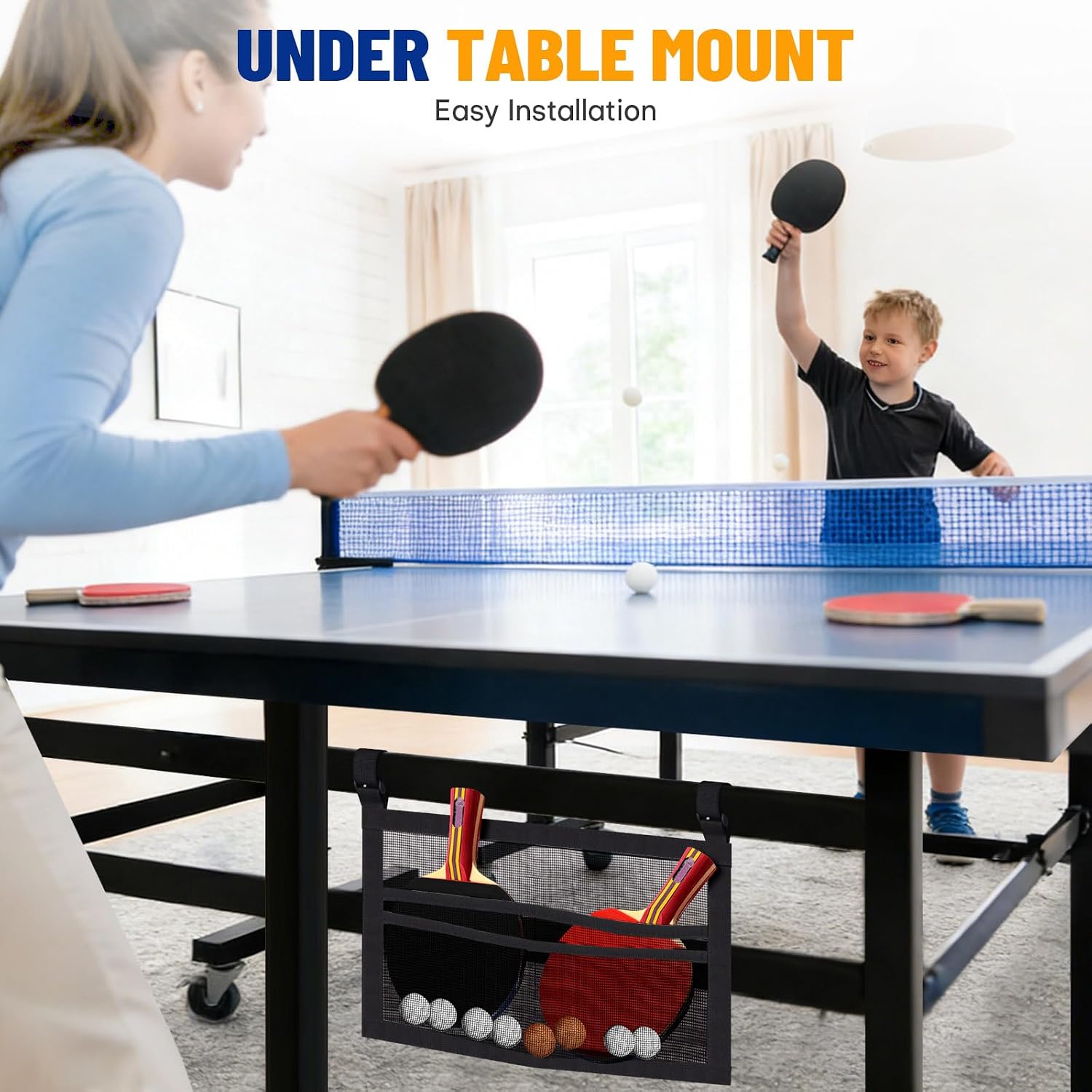 Ping Pong Paddle Holder, Hanging Mesh Storage Bag for Table Tennis Rackets & Balls, Under Table Organizer with Adjustable Straps, Fits Pickleball Paddles - Image 3