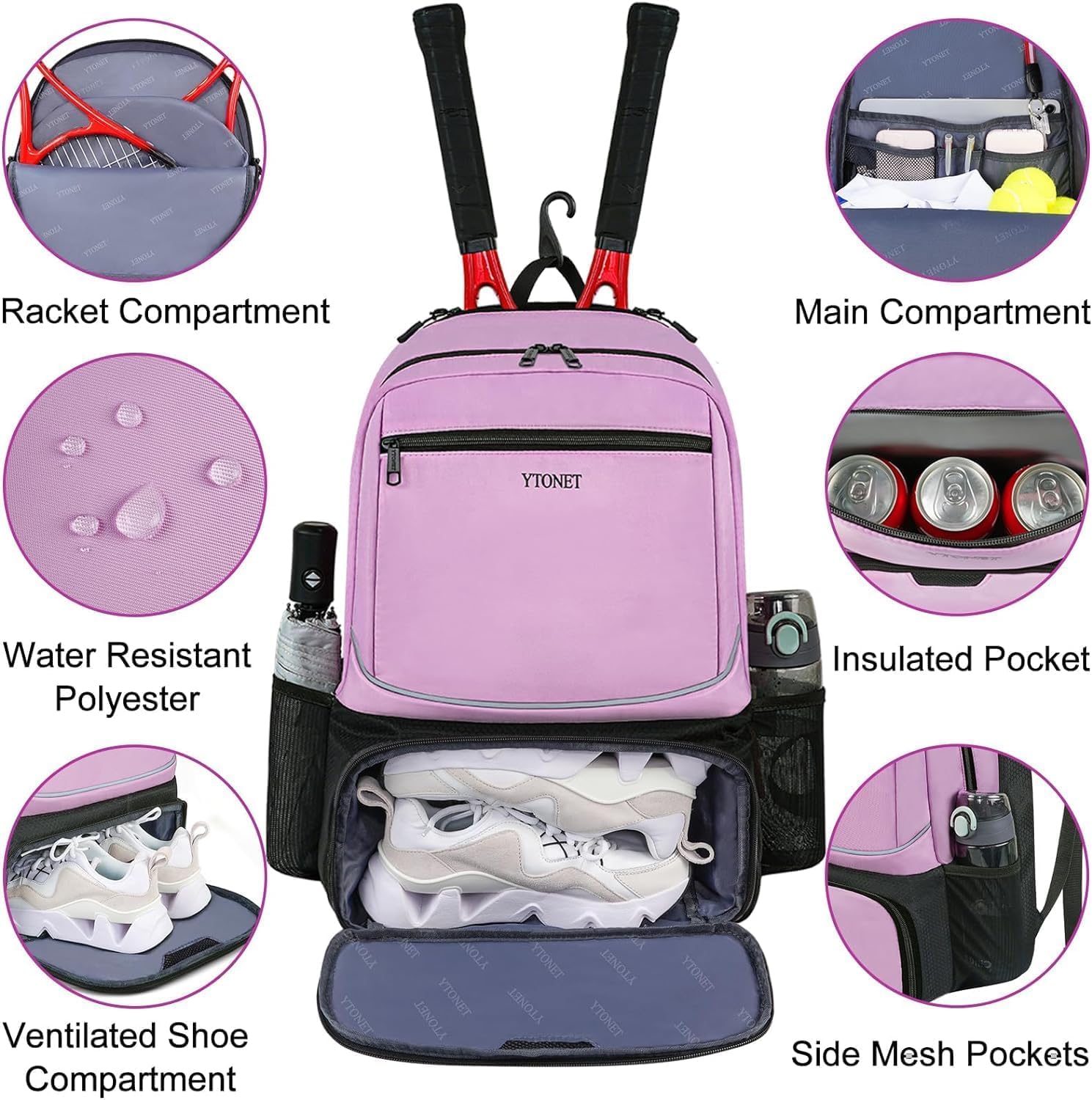 Ytonet Tennis Bag Tennis Backpack for Women Men 2 Rackets with Insulated Pocket Ventilated Shoe Compartment - Image 4