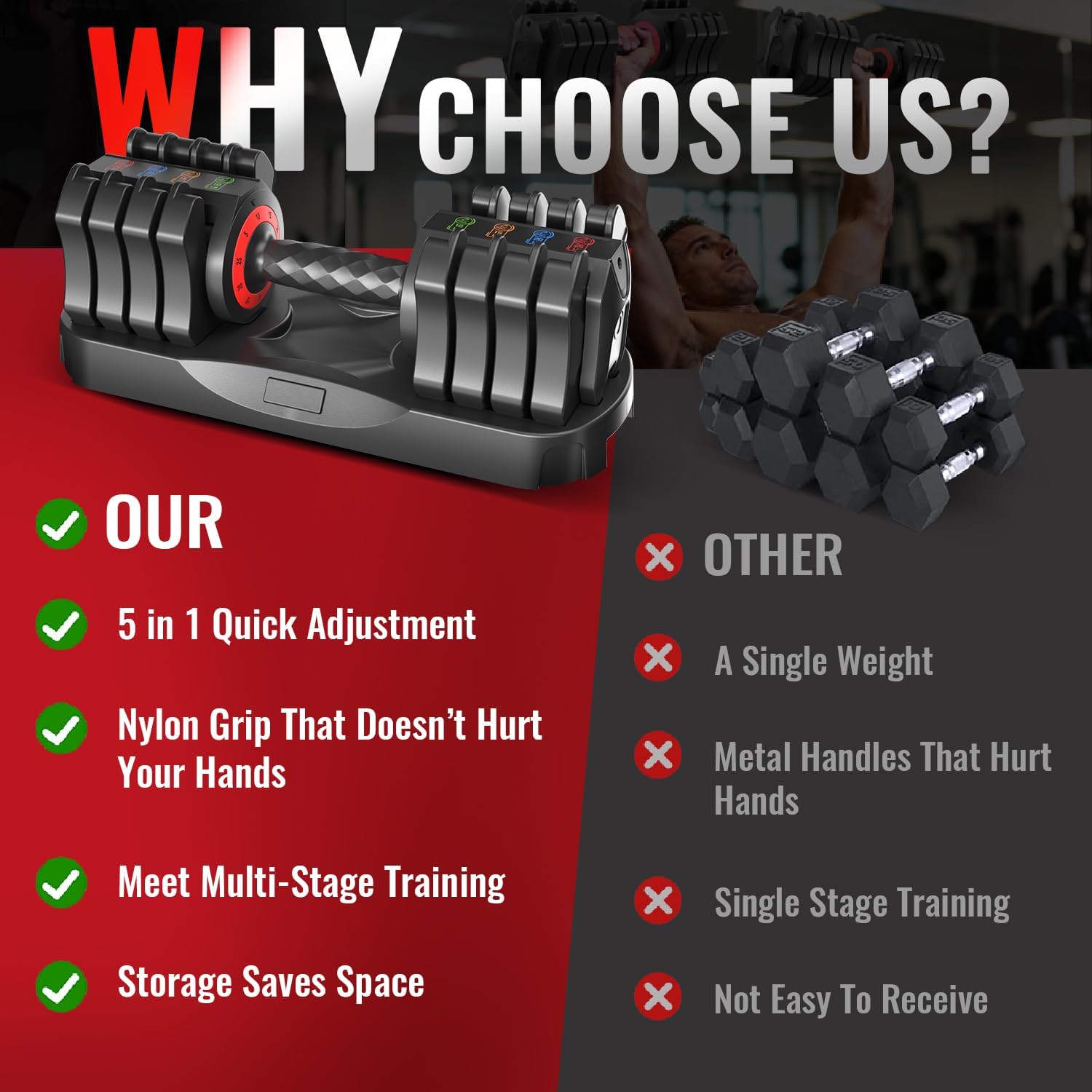 WHATAFIT 2026 Upgrade 25LB Adjustable Dumbbell, 5-in-1 Fast Weight Change with Anti-Slip Handle & Tray, Single Dumbbell for Full Body Workout Fitness Strength Training at Home Gym for Men Women - Image 4