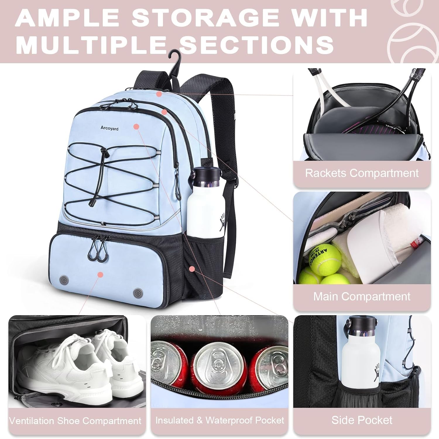 Arcoyard Tennis Bag Holds 2 Rackets, Professional Tennis Bags for Women, Tennis Backpack with Ventilated Shoe Compartment - Image 2