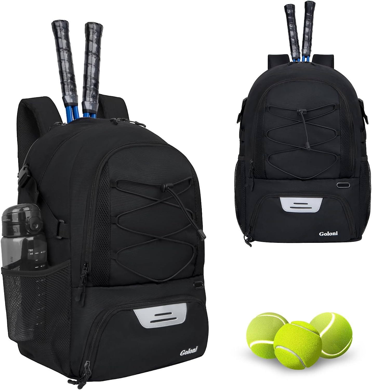 Goloni Tennis Backpack, Tennis Bag with Fence Hook & Ventilated Shoe Compartment, Holds 2 Tennis Rackets
