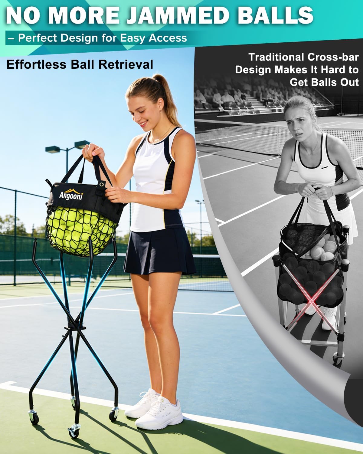 Angooni Professional Tennis Cart with Silent PU Wheels - 2 Capacity Choices (150/240 Balls) - Sturdy, Lightweight & Portable Storage for Practice and Matches - Image 2