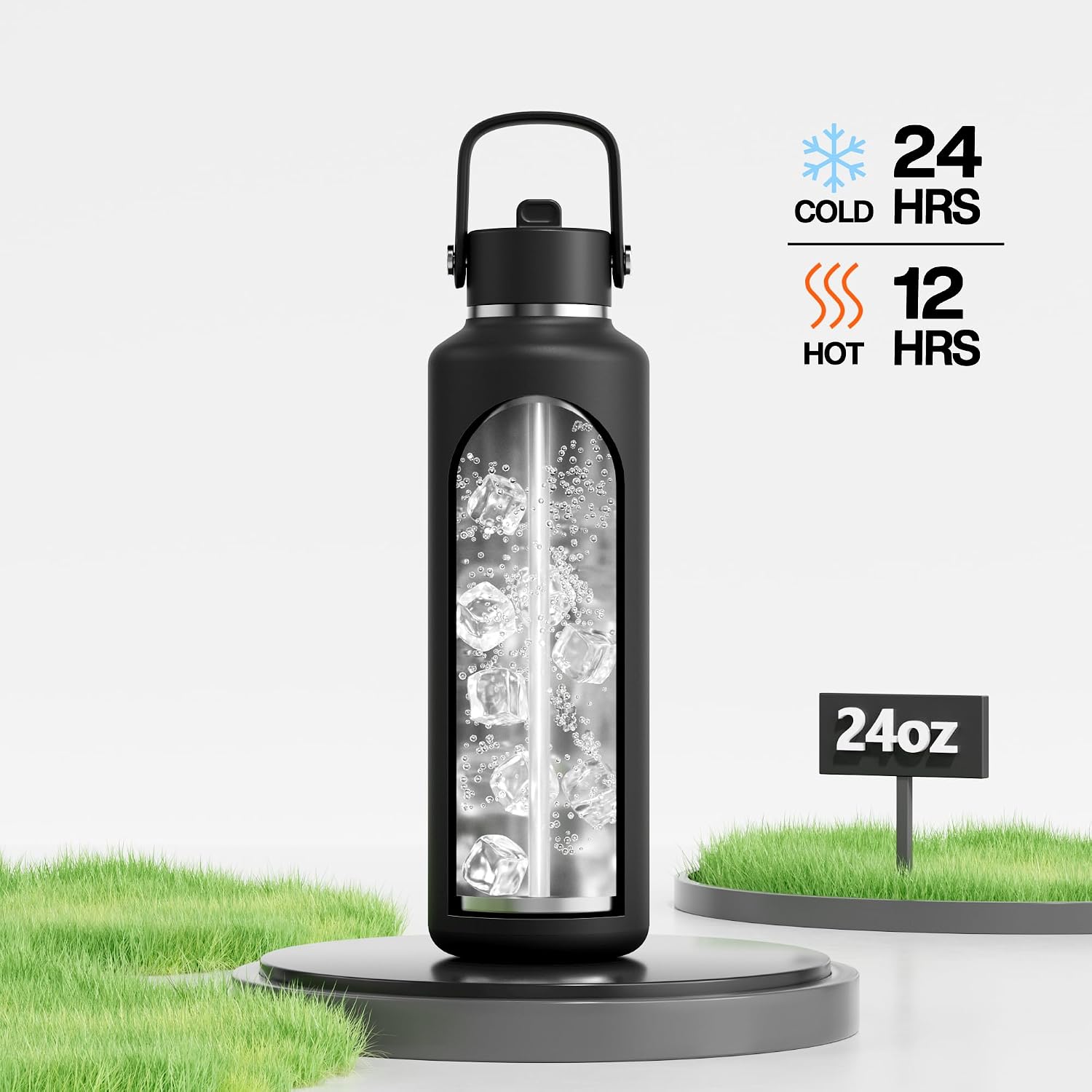 POWCAN 24 oz Slim Insulated Water Bottle with Straw: Leakproof, Keep Cold 24H, Cupholder Friendly, Top Handle, BPA-free, Stainless Steel Water Bottle for Sport, Travel, School, Gym (Midnight Black) - Image 2