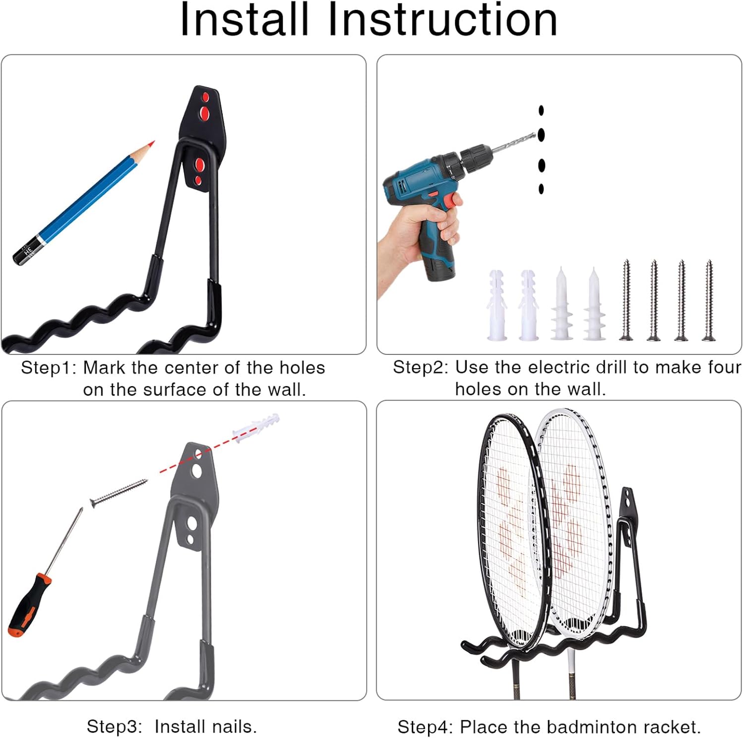 Tennis Racket Storage Hanger,Tennis Racket Holder Rack Wall Hooks for Garage,Heavy Duty Hanger Metal Badminton Racket Holder Hooks for Cables, Ropes and Hoses,Extension Cord Holder,2 Packs(Black) - Image 9