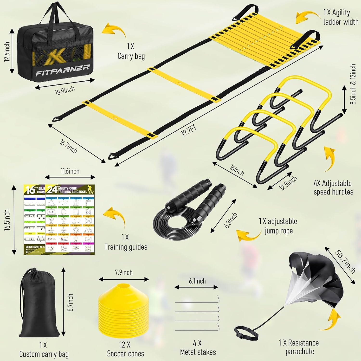 Agility Ladder, Soccer Football Training Equipment Set - 20ft Speed Ladder, 4 Hurdles,Parachute, 12 Cones & Jump Rope | Agility & Speed Training for Kids Youth Adults,Basketball & Football Accessories - Image 2