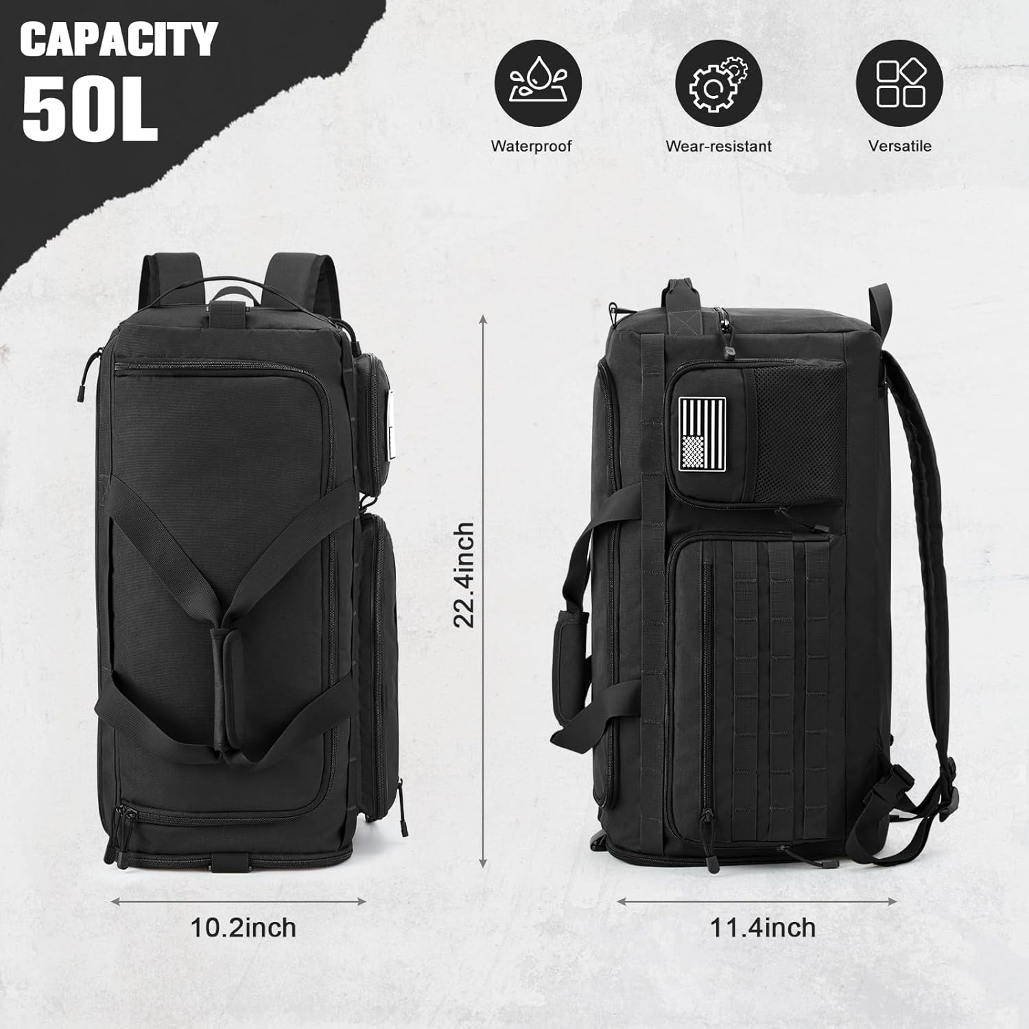 G4Free 3-in-1 Travel Duffle Bag for Men and Women, 50L Large Gym Sports Bags Tactical Military Duffle Backpack with Shoes Compartment and Wet Pocket (Black) - Image 7
