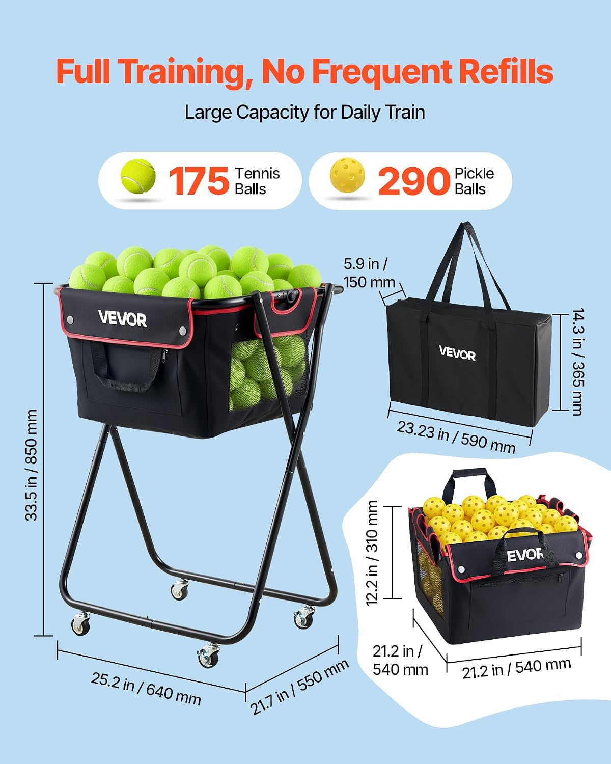 VEVOR Tennis & Pickleball Hopper Holds 200/175/150/120 Balls, 3-in-1 Tennis Foldable Pickleball Basket Cart for Easy Installation, Storage Bag for Tennis Training & Teaching - Image 2