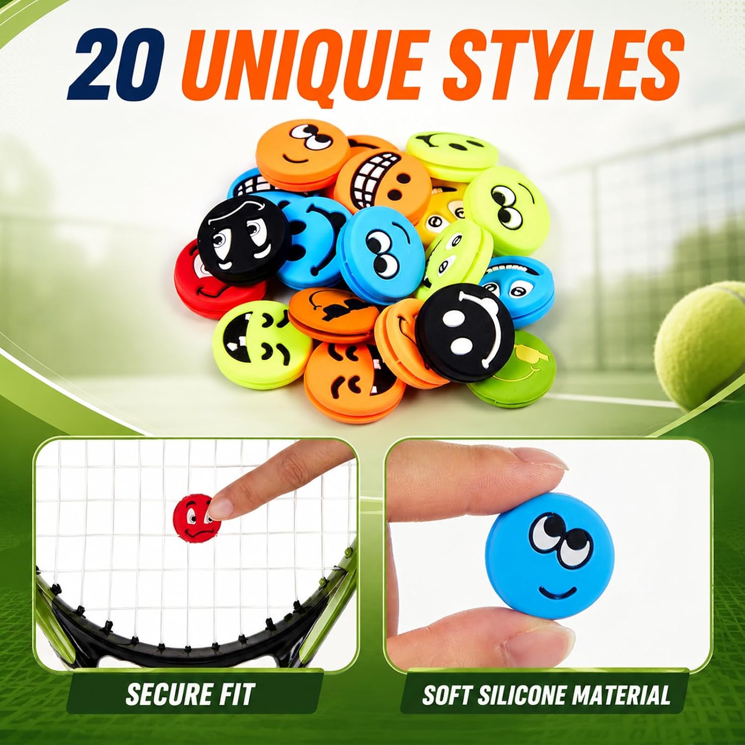 20 Pack Tennis Racket Vibration Dampeners, Funny Silicone Shock Absorbers for Tennis Racquets, Cute Decorative String Dampers for Men, Women, Teams, Clubs, Players and Tennist Gifts - Image 3