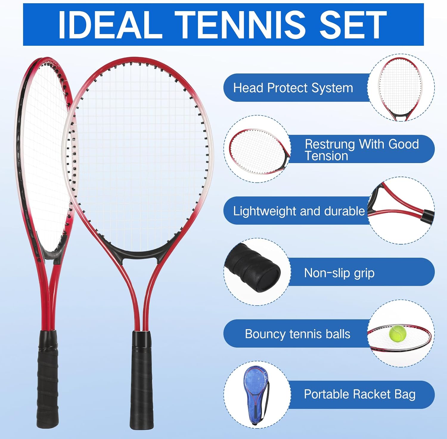 4 Pack Tennis Rackets Recreational 21 Inch Lightweight Tennis Racket Bulk with Balls Overgrips Carry Bag for Training Beginners - Image 4