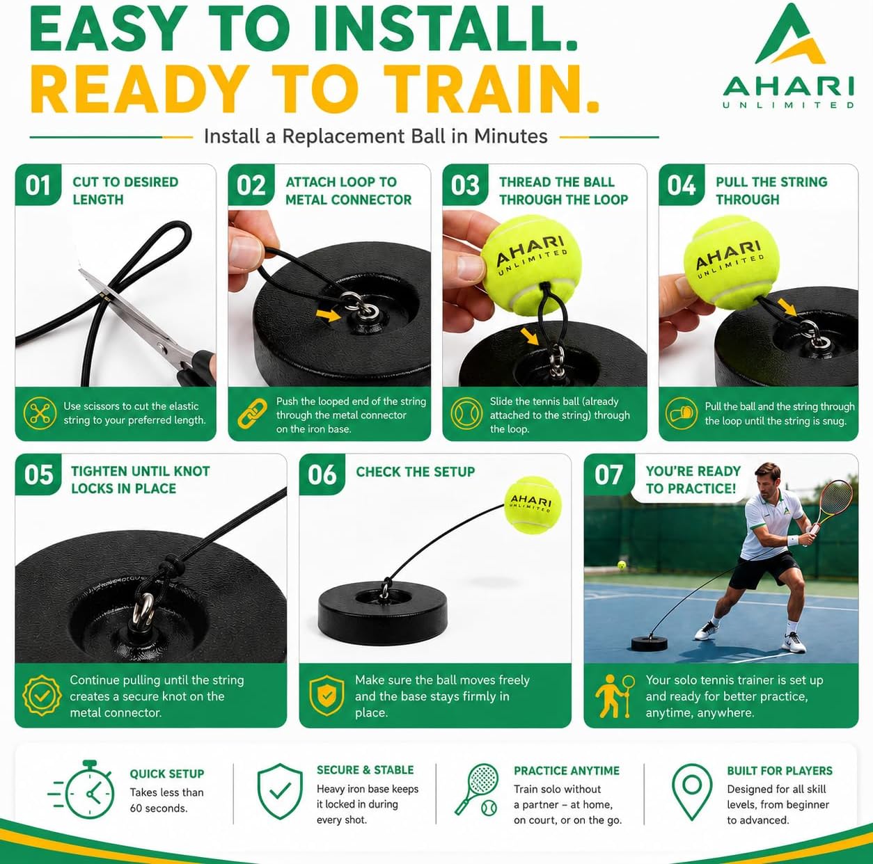 Premium Tennis Trainer Set, Pro Rebounder with Metal Base in a Carrying Cylinder, 3 Replacement Rebound Balls, & Wristband, Portable Tennis Practice Equipment for Solo Training - Image 9