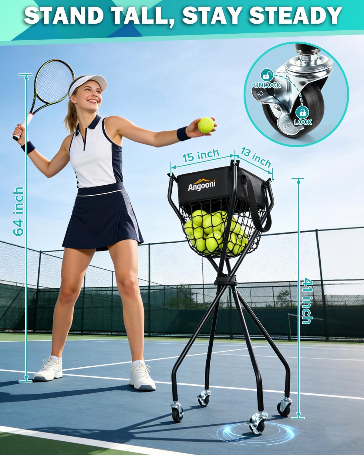 Angooni Professional Tennis Cart with Silent PU Wheels - 2 Capacity Choices (150/240 Balls) - Sturdy, Lightweight & Portable Storage for Practice and Matches - Image 4