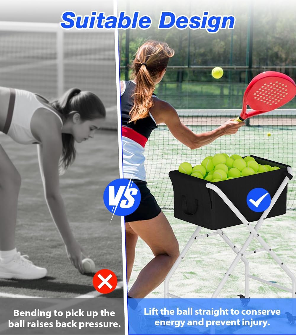 Tennis Ball Hopper Cart Holds 175 Tennis Balls or 140 Pickleballs, Portable Pickleball Collector Caddy with Wheels, Foldable Baseball Basket Holder for Court Training & Coaching - Image 7