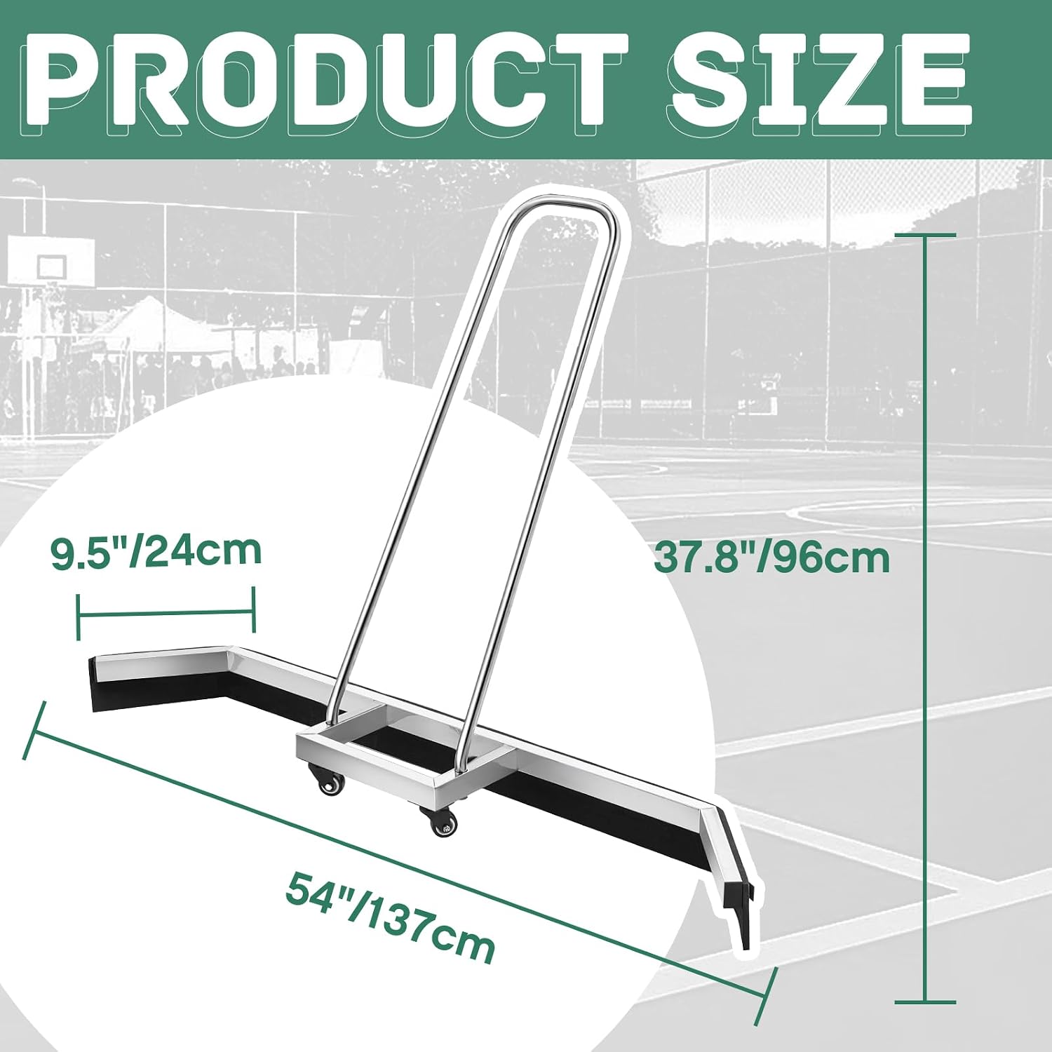 Leyndo Tennis Court Squeegee 54 inches Floor Broom Commercial with Handle and Wheels Professional Water Remover Stainless Steel Sport Court Accessories, Silver - Image 2