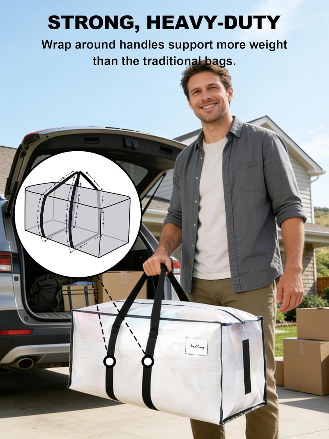 HOMESURE Supports 200lbs Heavy Duty Moving Bags - Strong Zipper & Wrap-Around Handles - Water-Resistant Storage Totes, Durable Alternative to Moving Boxes - 8 Pack - Semi-Transparent - Image 2