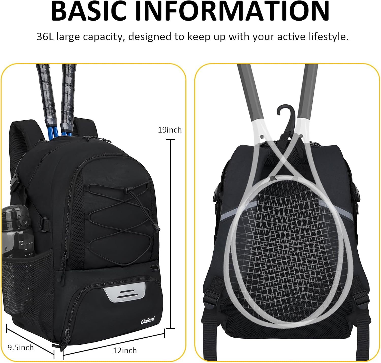 Goloni Tennis Backpack, Tennis Bag with Fence Hook & Ventilated Shoe Compartment, Holds 2 Tennis Rackets - Image 5