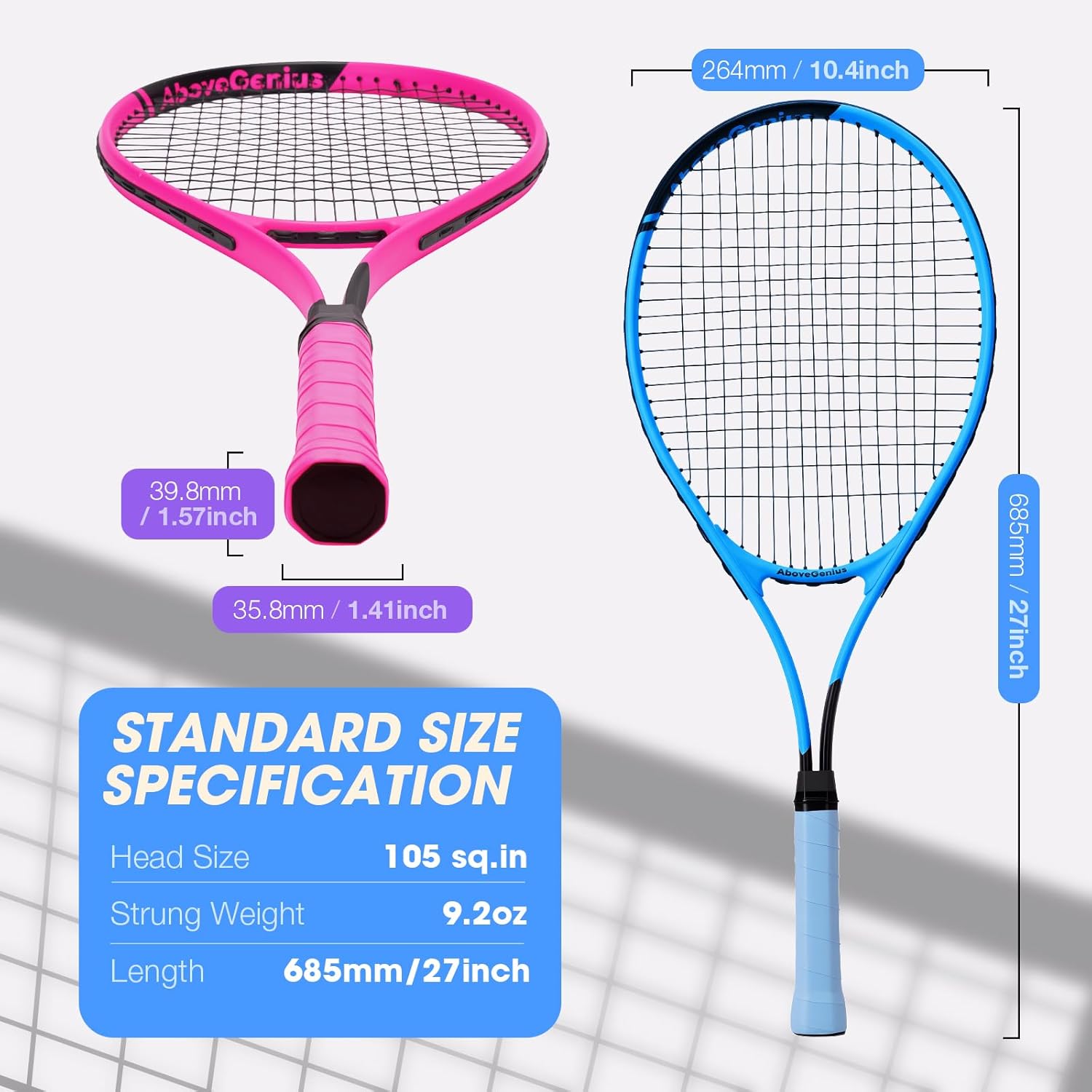 AboveGenius Neon Tennis Rackets 2 Pack for Adults- 27" Lightweight Aluminum Tennis Racquet Set with 3 Balls & Bag- Vibrant High-Visibility Matte Finish for Men Women Beginners - Image 5